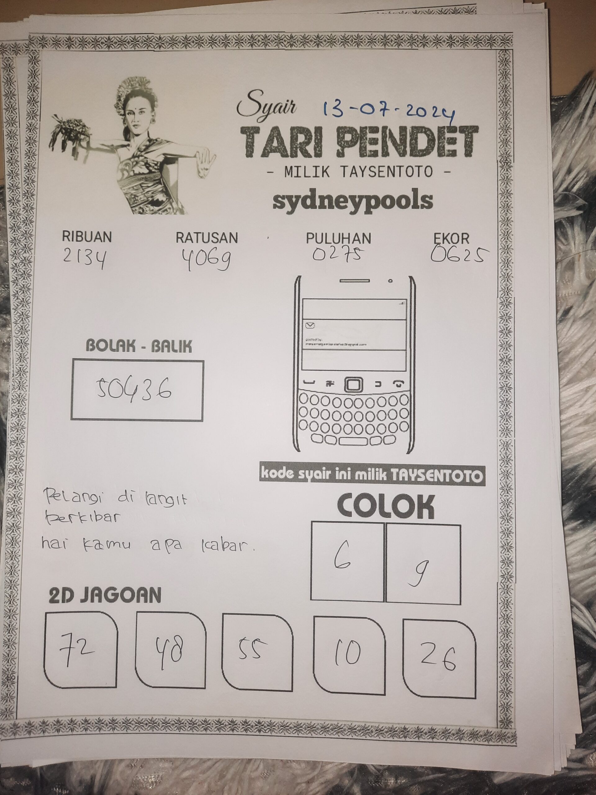 Syair Tari Pendet Sydney Hari ini 13 Juli 2024