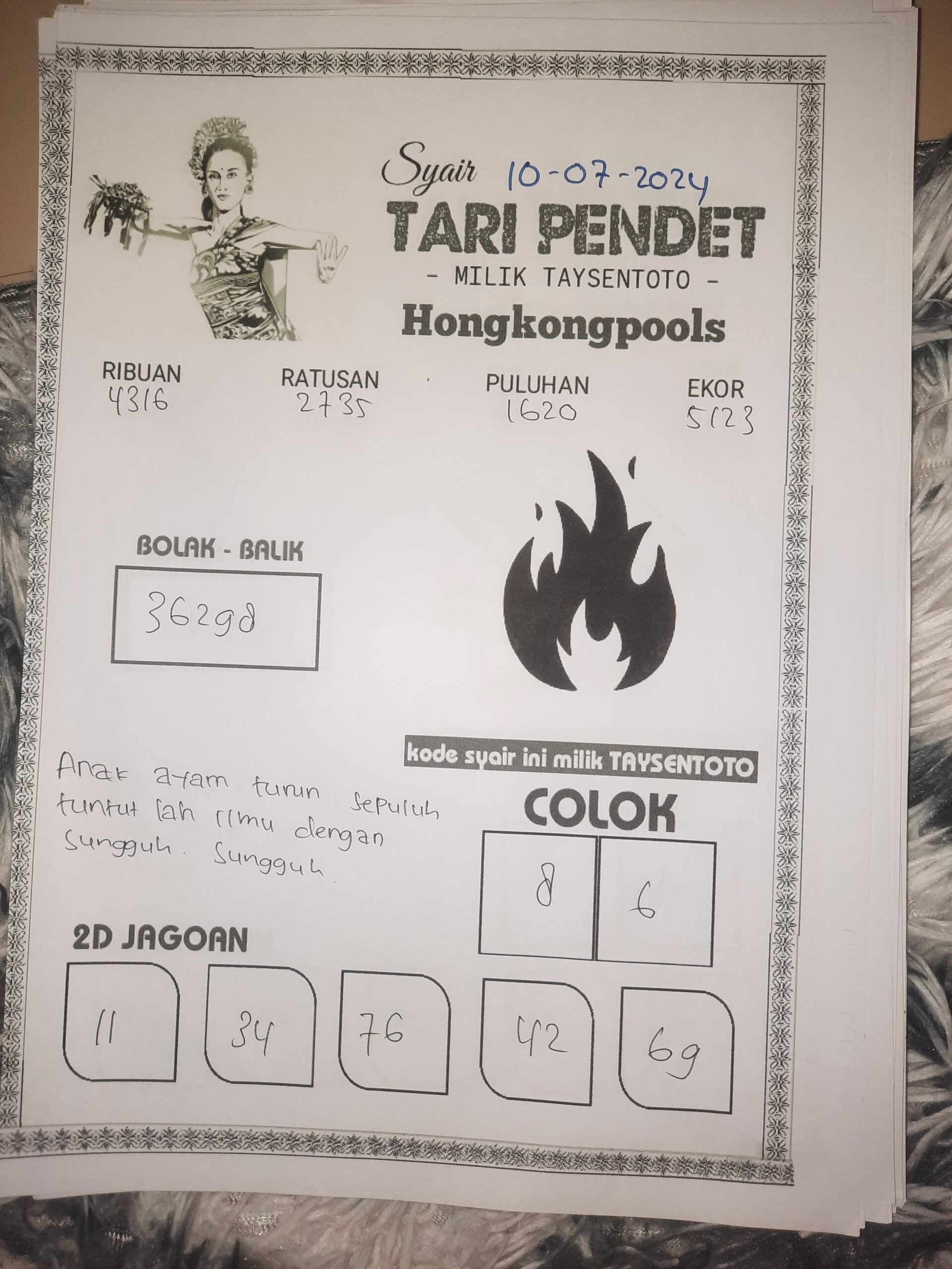 Syair Kuburan Tari Pendet HK Hari Ini 10 Juli 2024