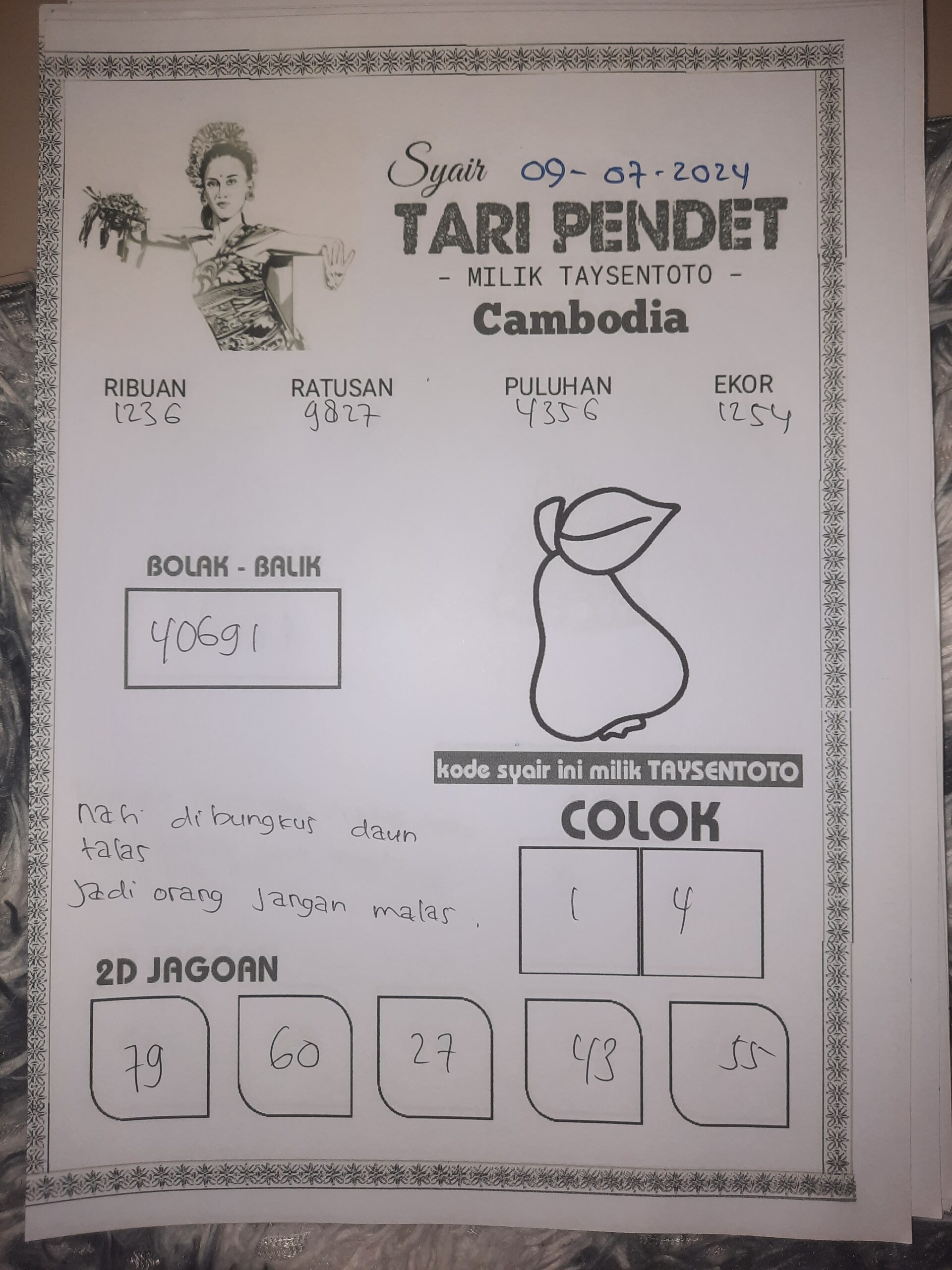 Syair Tari Pendet Cambodia Hari ini 09 Juli 2024