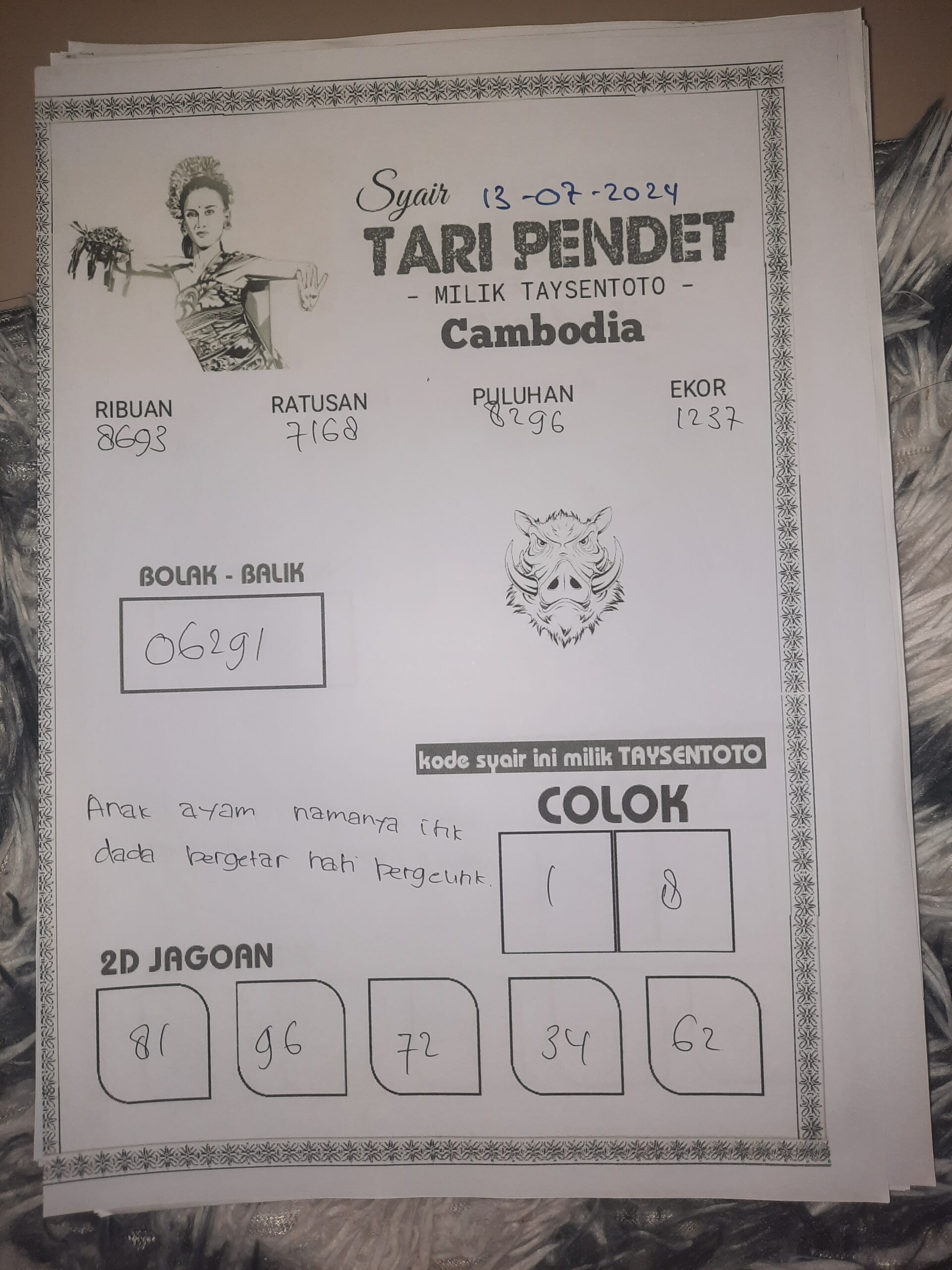 Syair Tari Pendet Cambodia Hari ini 13 Juli 2024