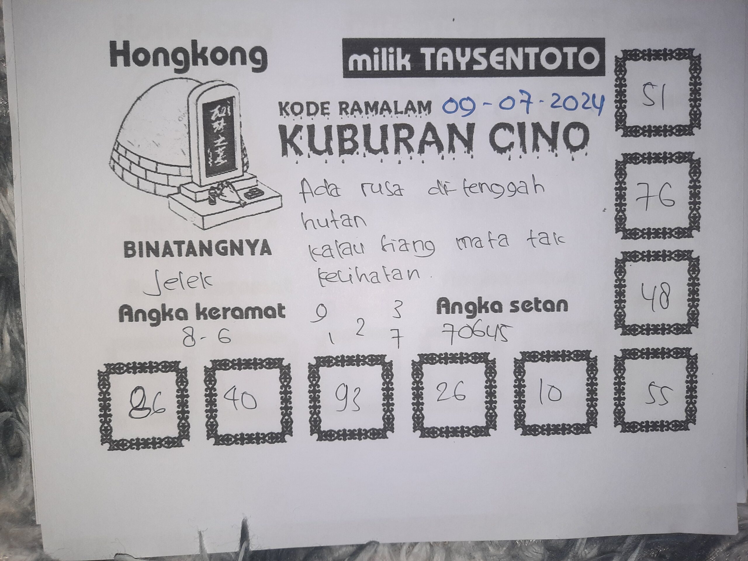 Syair Kuburan Cino HK Hari Ini 09 Juli 2024