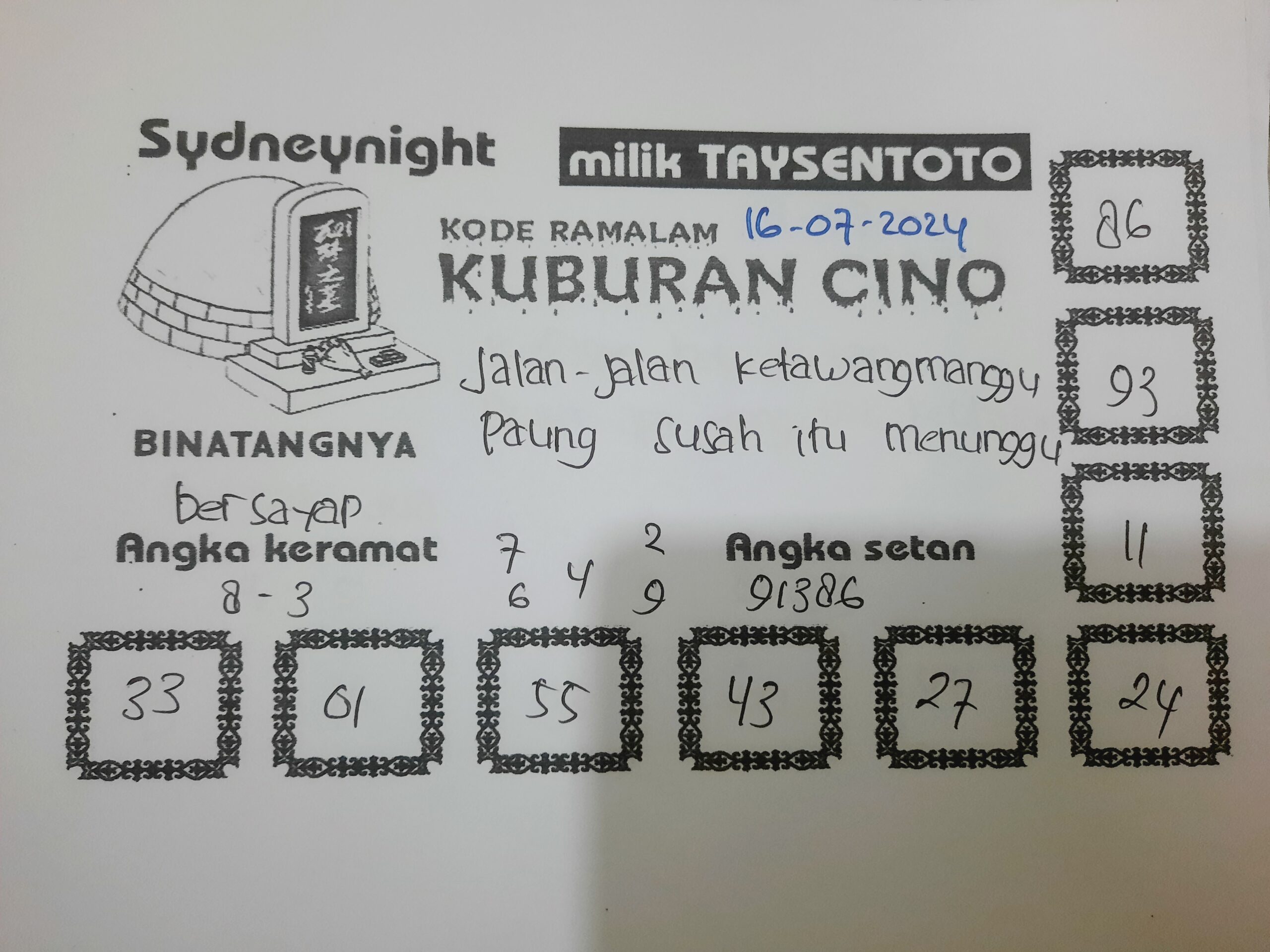 Syair Kuburan Cino SydneyNight Hari ini 16 Juli 2024