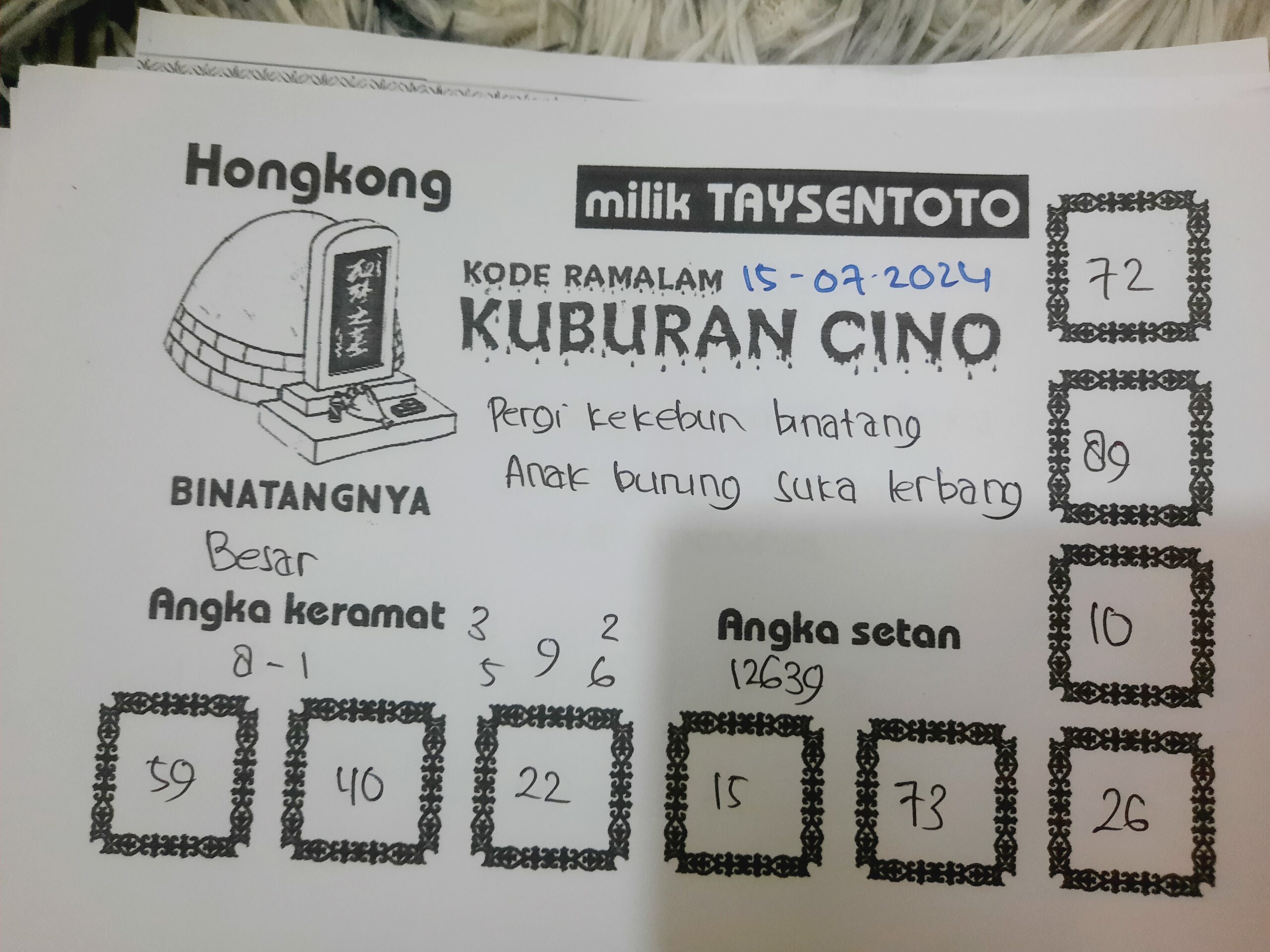 Syair Kuburan Cino HK Hari Ini 15 Juli 2024