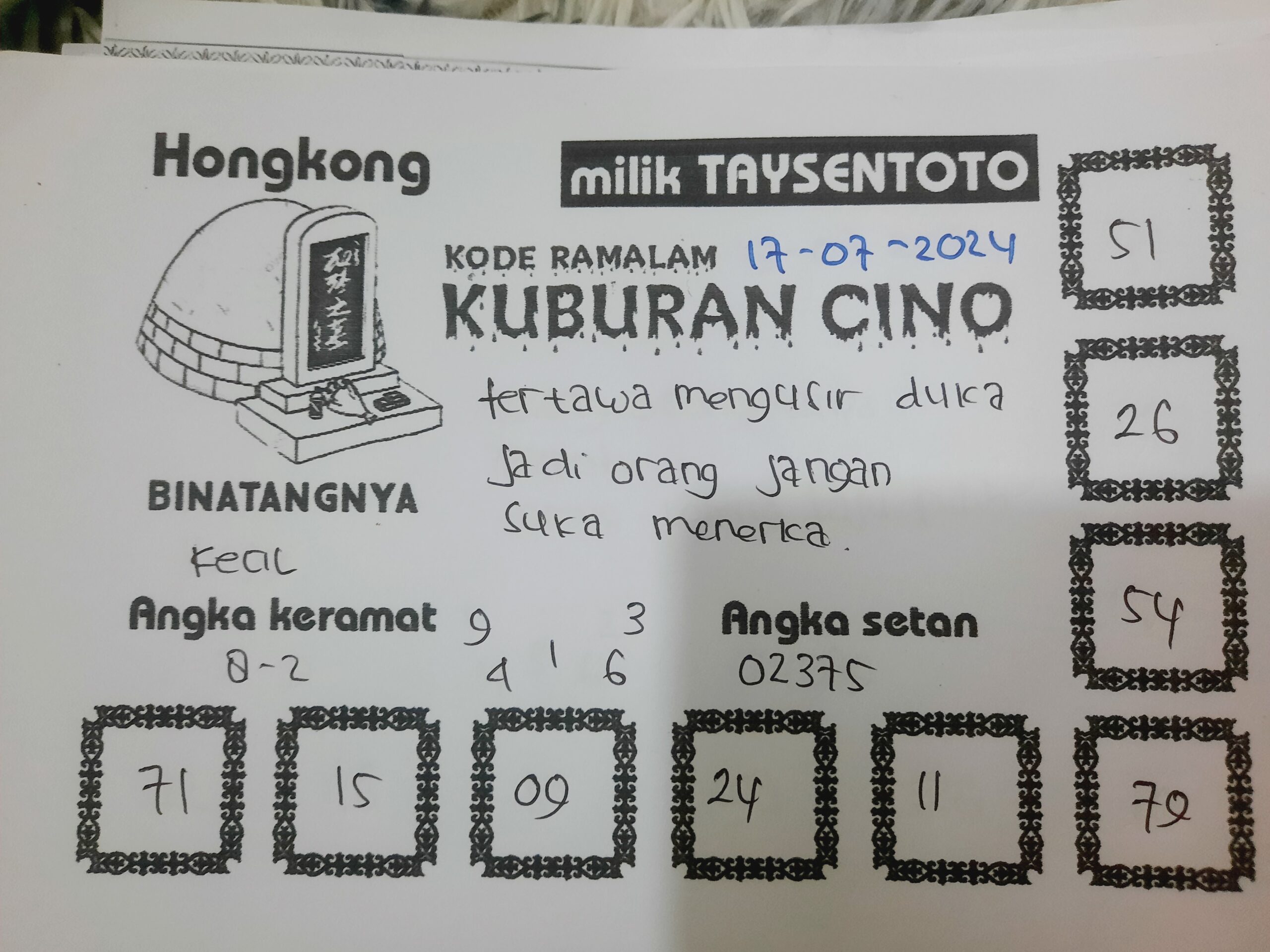 Syair Kuburan Cino HK Hari Ini 17 Juli 2024