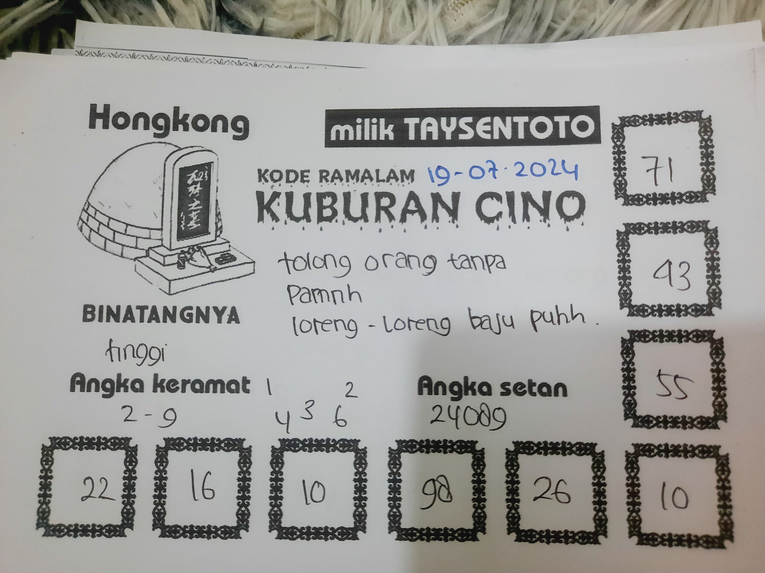 Syair Kuburan Cino HK Hari Ini Jumat 19 Juli 2024