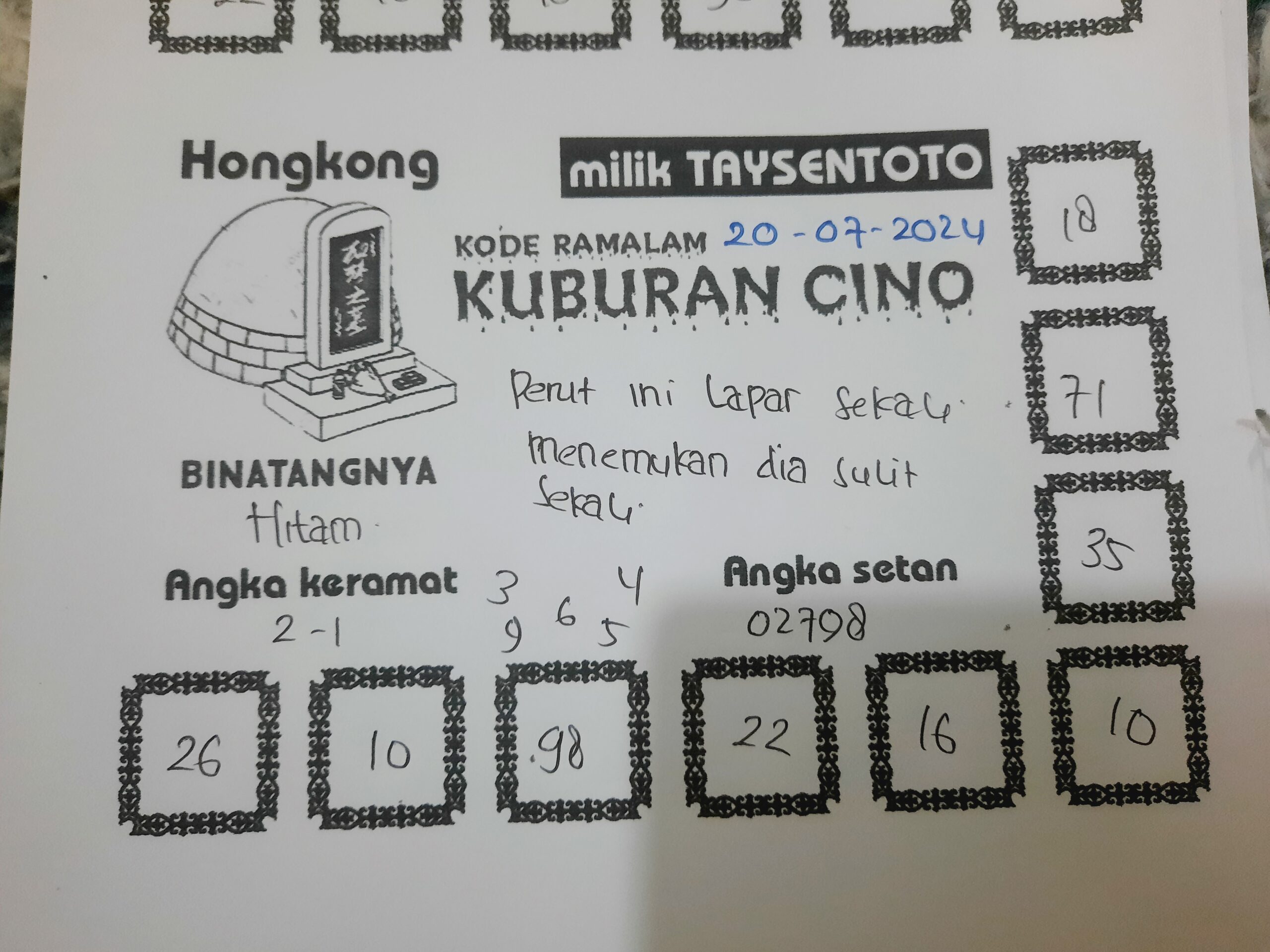 Syair Kuburan Cino HK Hari Ini Sabtu 20 Juli 2024