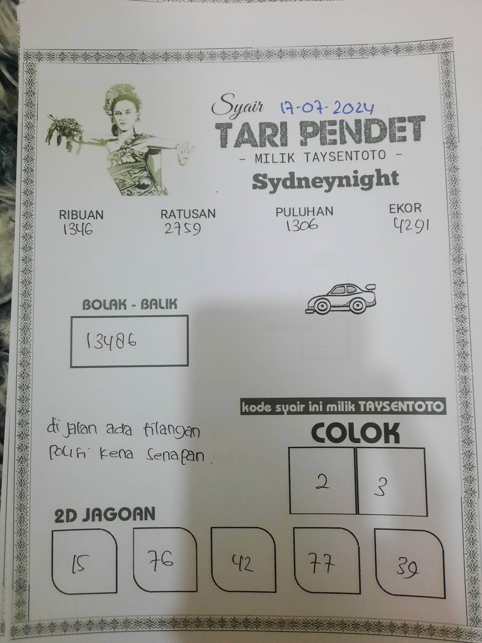 Syair Tari Pendet SydneyNight Hari ini 17 Juli 2024