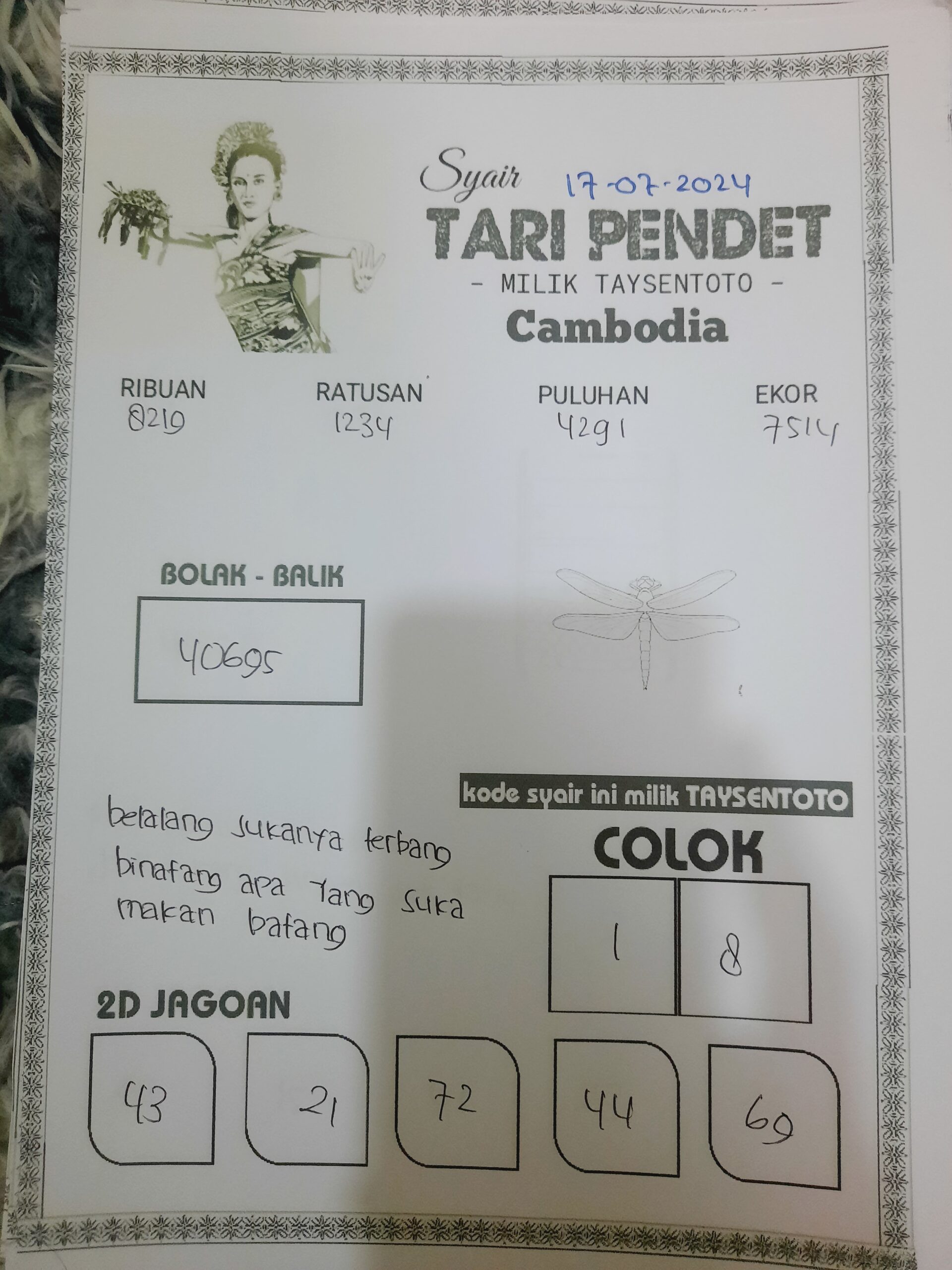 Syair Tari Pendet Cambodia Hari ini 17 Juli 2024