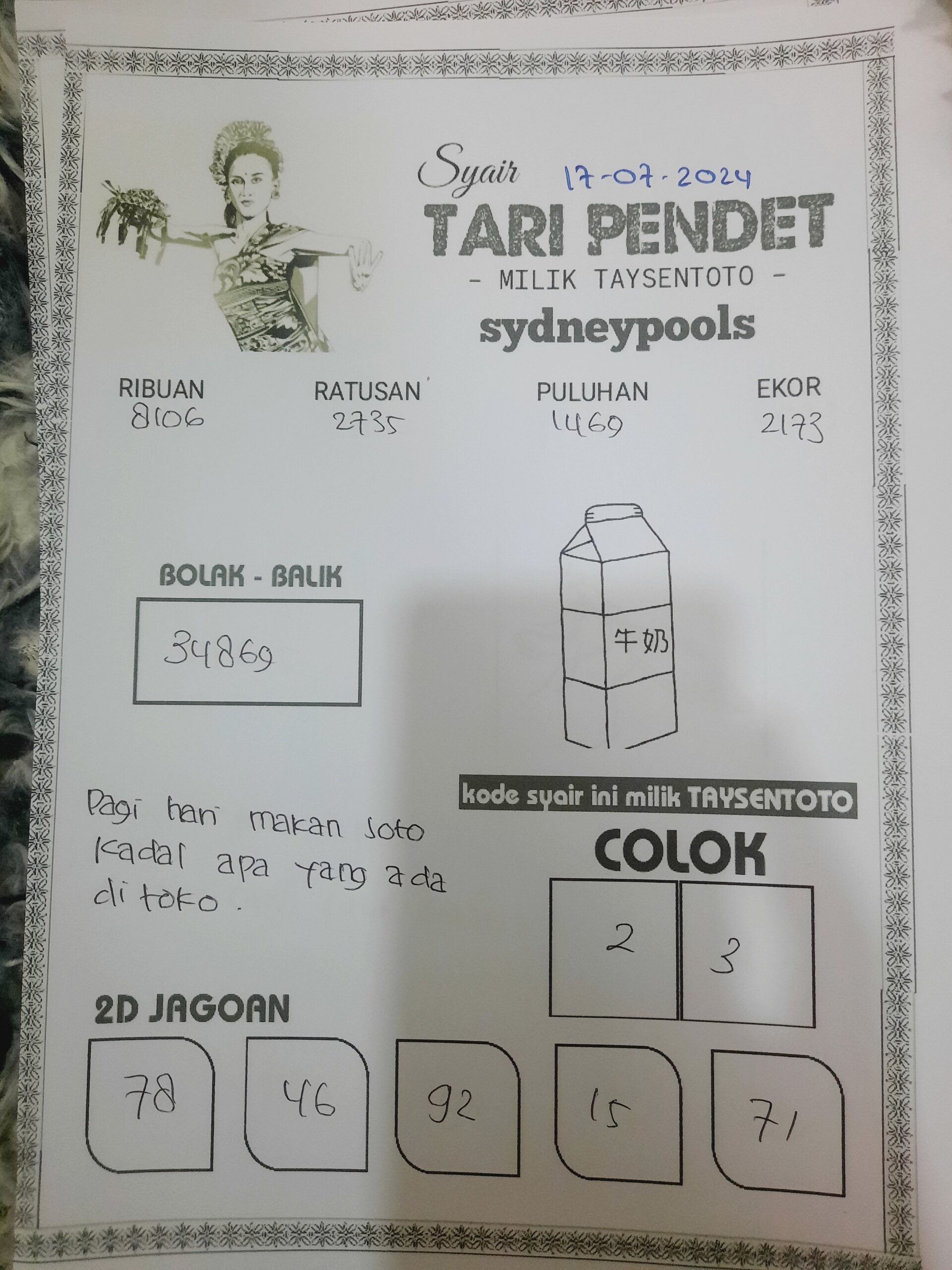 Syair Tari Pendet Sydney Hari ini 17 Juli 2024