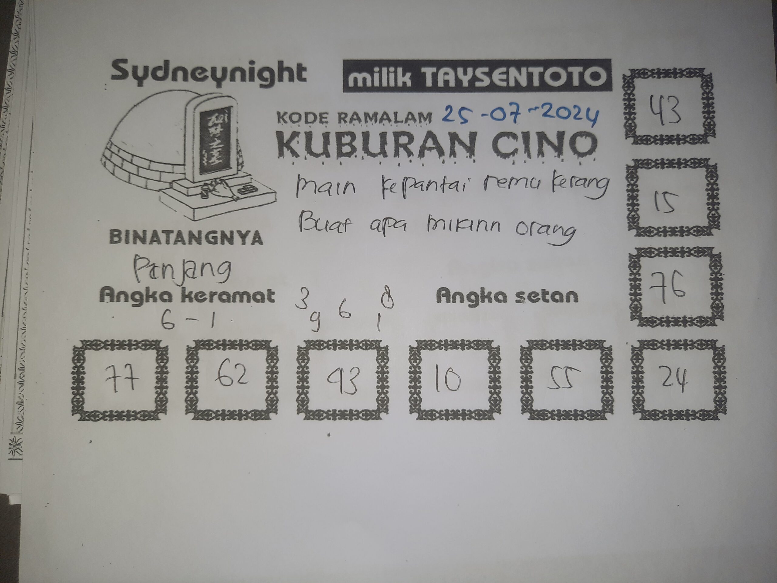 Syair Kuburan Cino SydneyNight Hari ini Kamis 25 Juli 2024