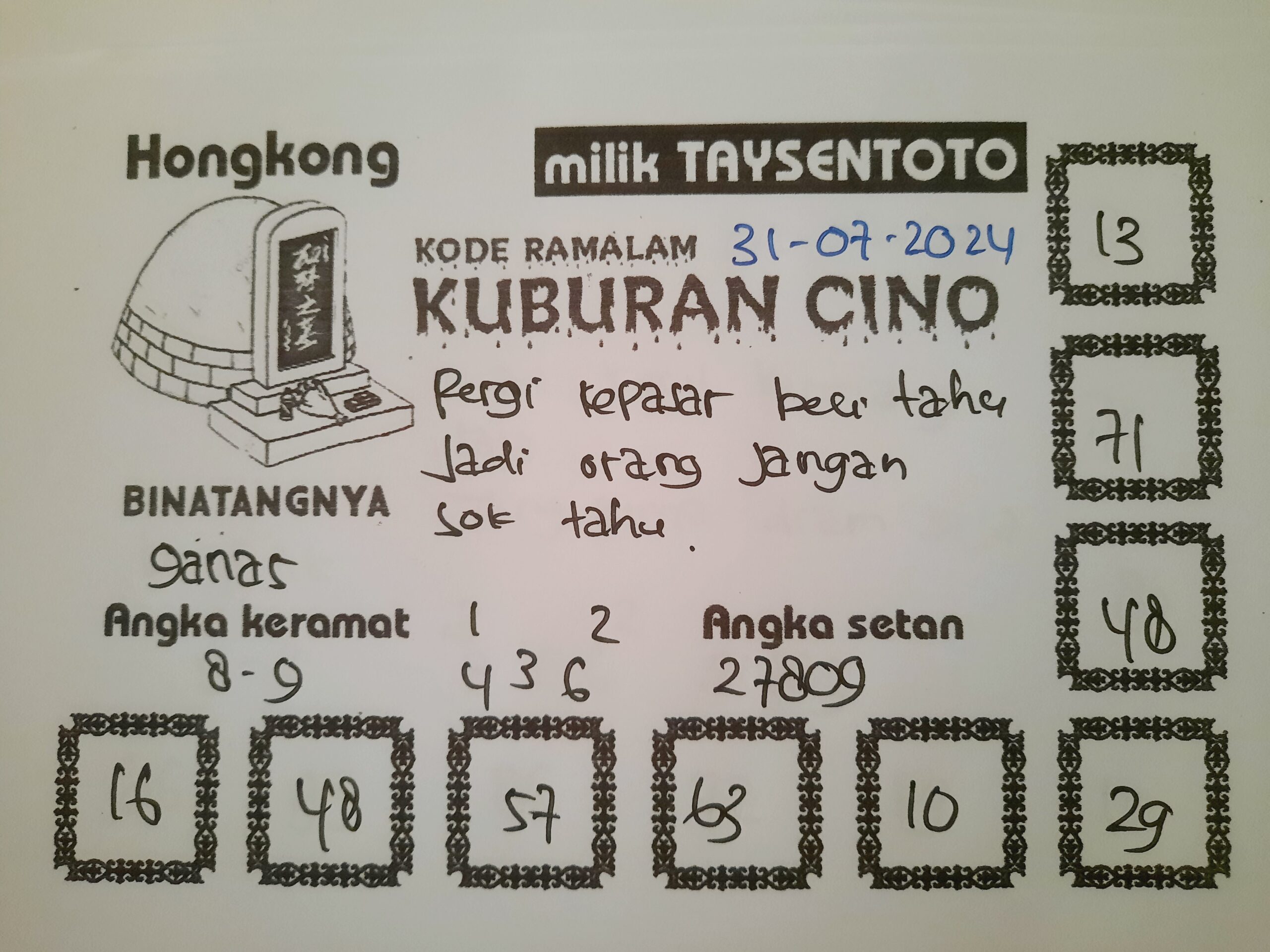 Syair Kuburan Cino HK Hari Ini Minggu 31 Juli 2024