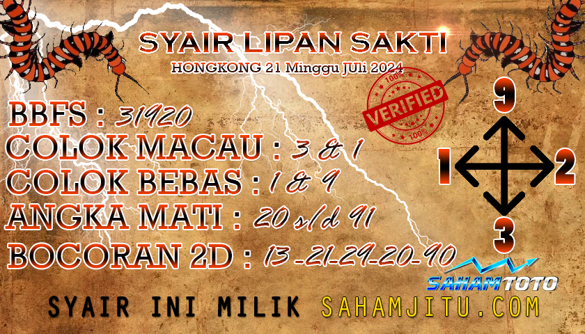 Syair Lipan Sakti Hongkong Hari Ini Minggu 21 Juli 2024