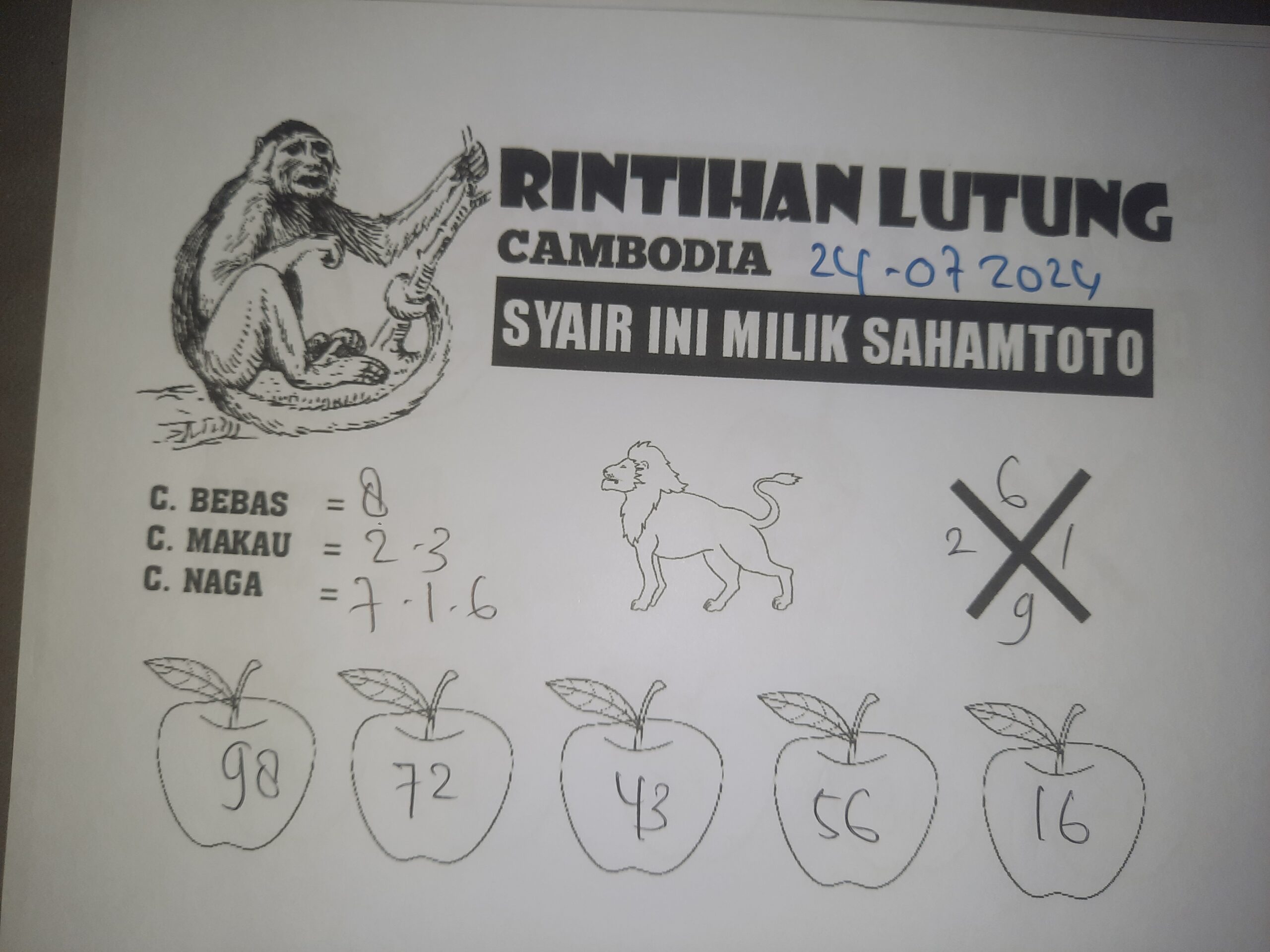 syair rintihan lutung Cambodia hari ini Rabu 24 Juli 2024