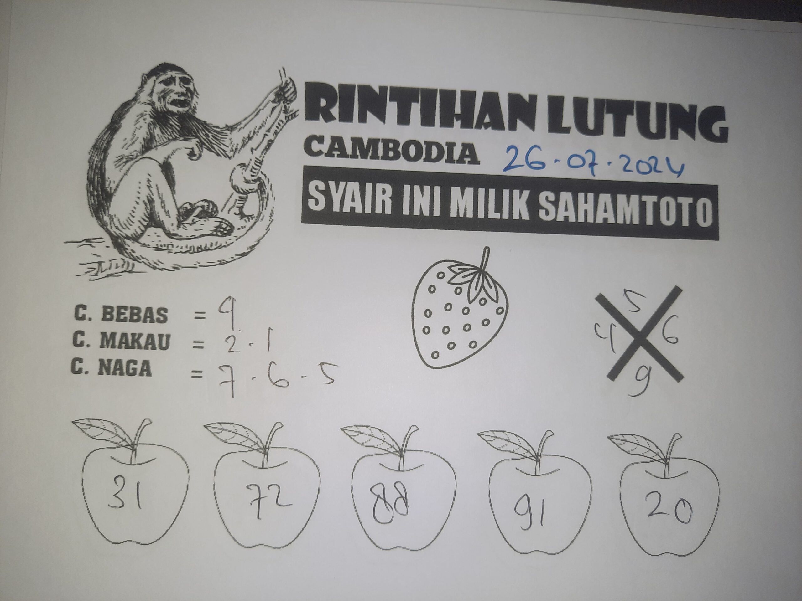 syair rintihan lutung Cambodia hari ini Jumat 26 Juli 2024