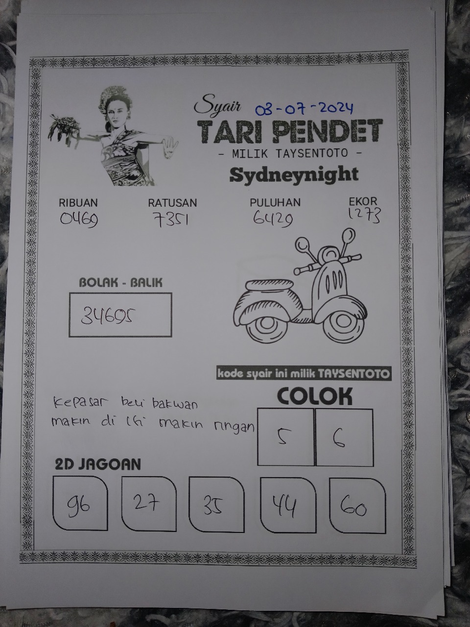 Syair Tari Pendet SydneyNight Hari ini 03 Juli 2024