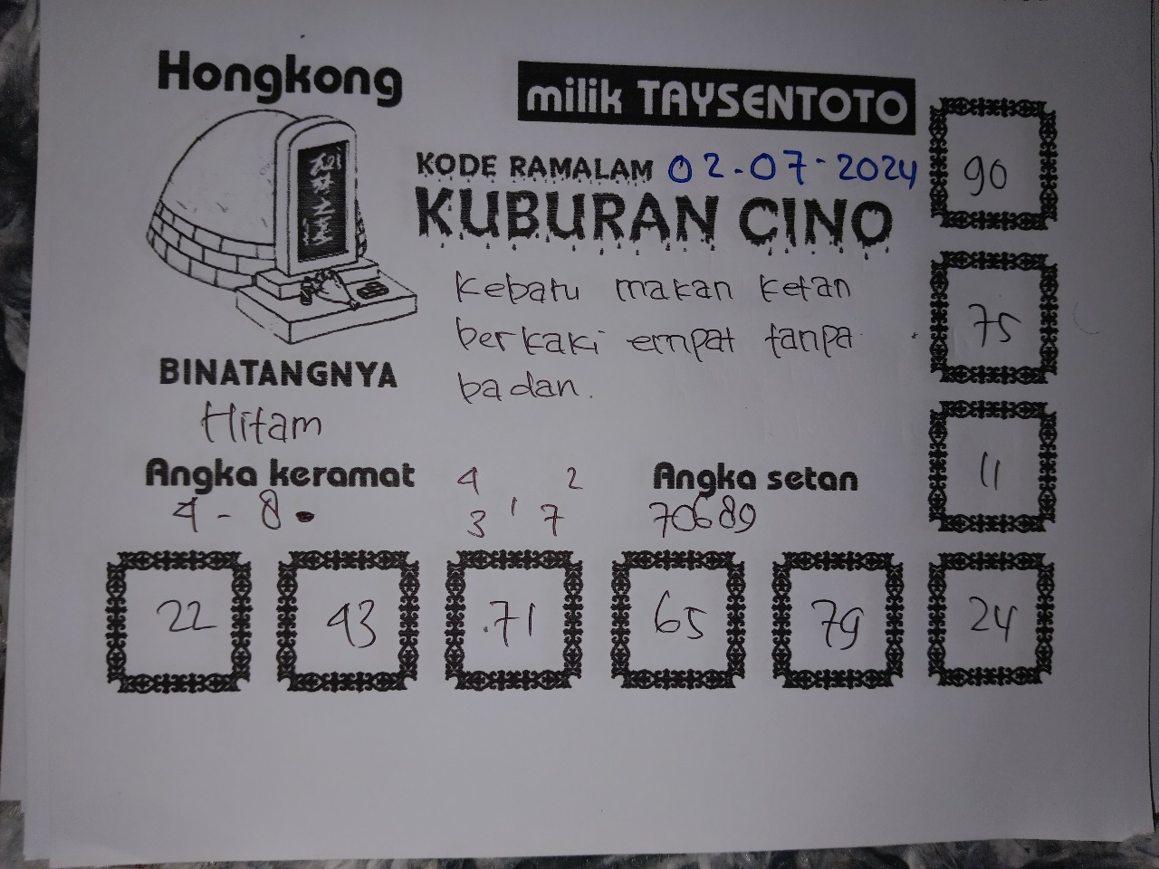 Syair Kuburan Cino HK Hari Ini 02 Juli 2024