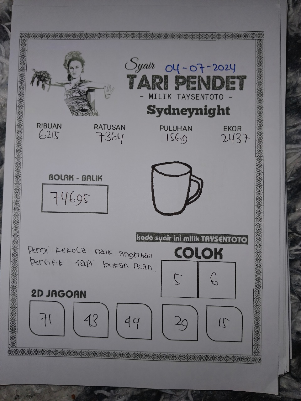 Syair Tari Pendet SydneyNight Hari ini 04 Juli 2024