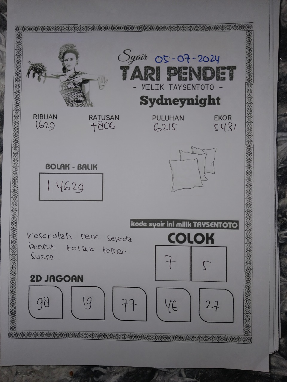 Syair Tari Pendet SydneyNight Hari ini 05 Juli 2024