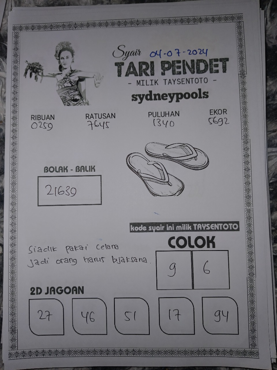 Syair Tari Pendet Sydney Hari ini 04 Juli 2024