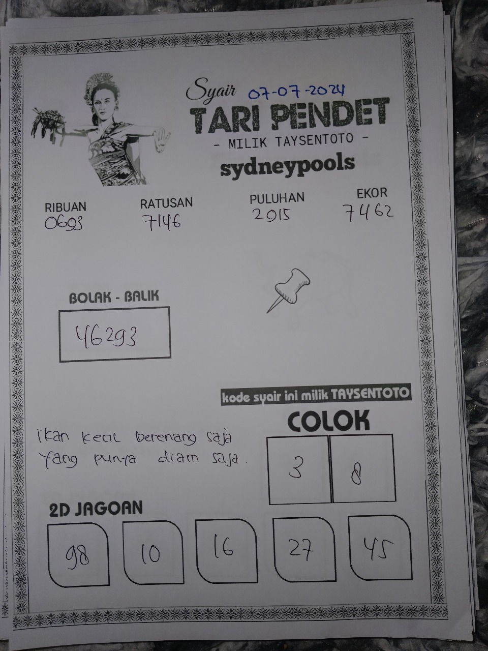 Syair Tari Pendet Sydney Hari ini 07 Juli 2024