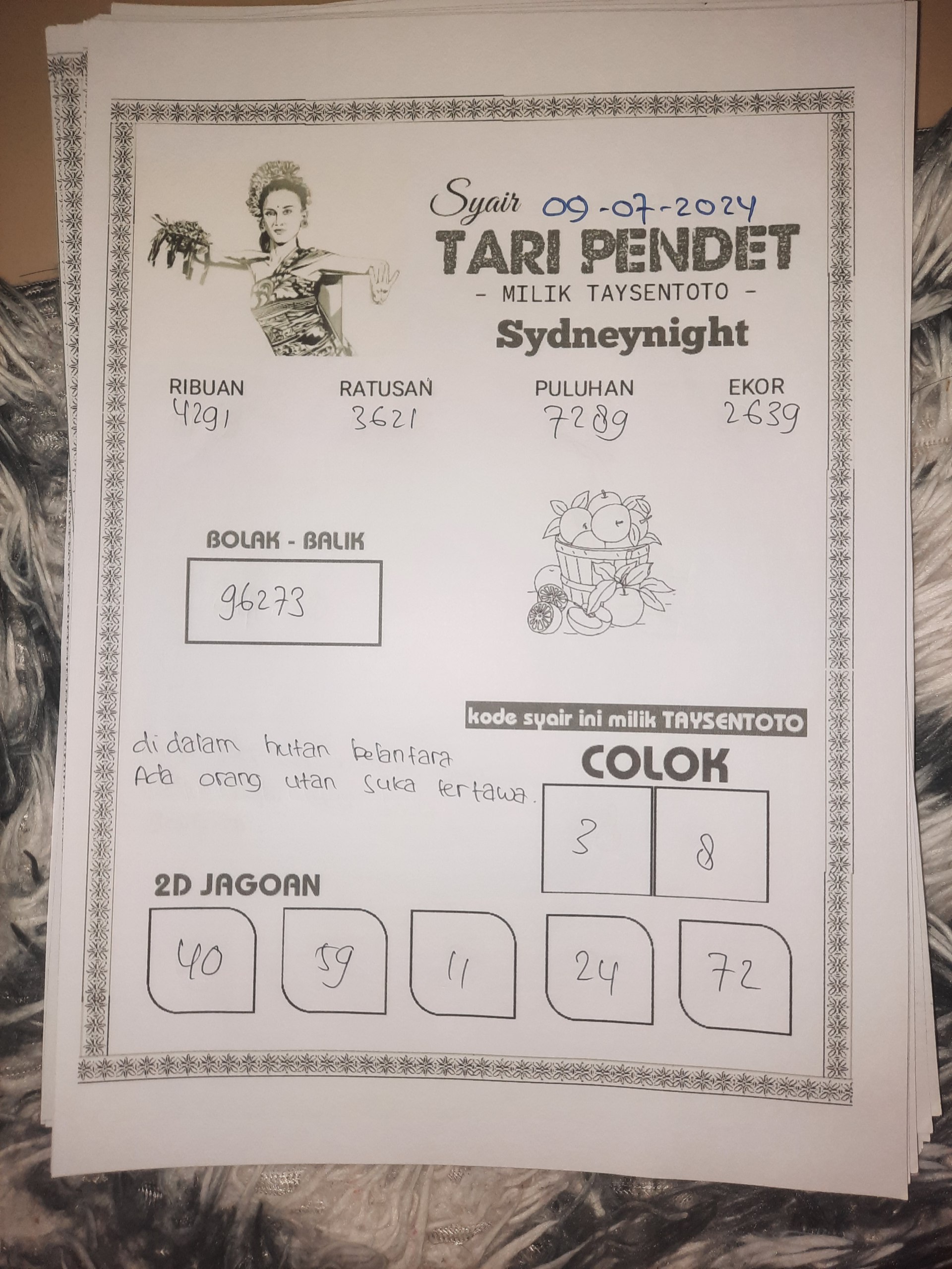 Syair Tari Pendet SydneyNight Hari ini 09 Juli 2024