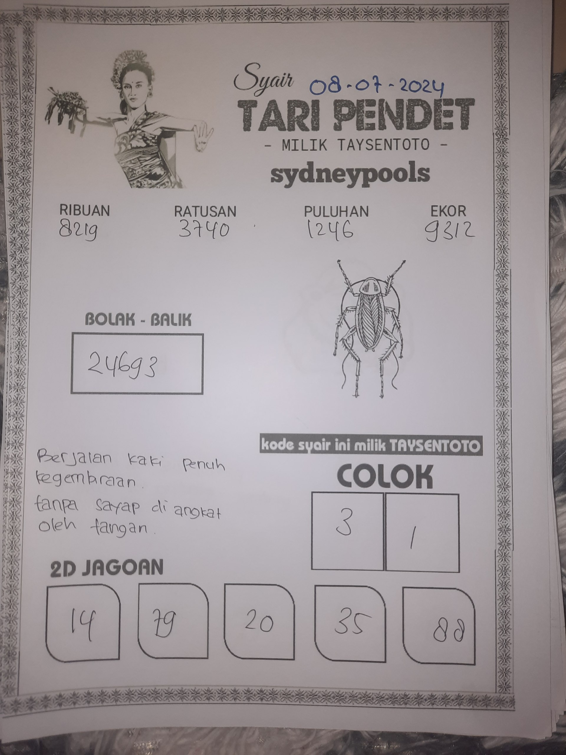 Syair Tari Pendet Sydney Hari ini 08 Juli 2024