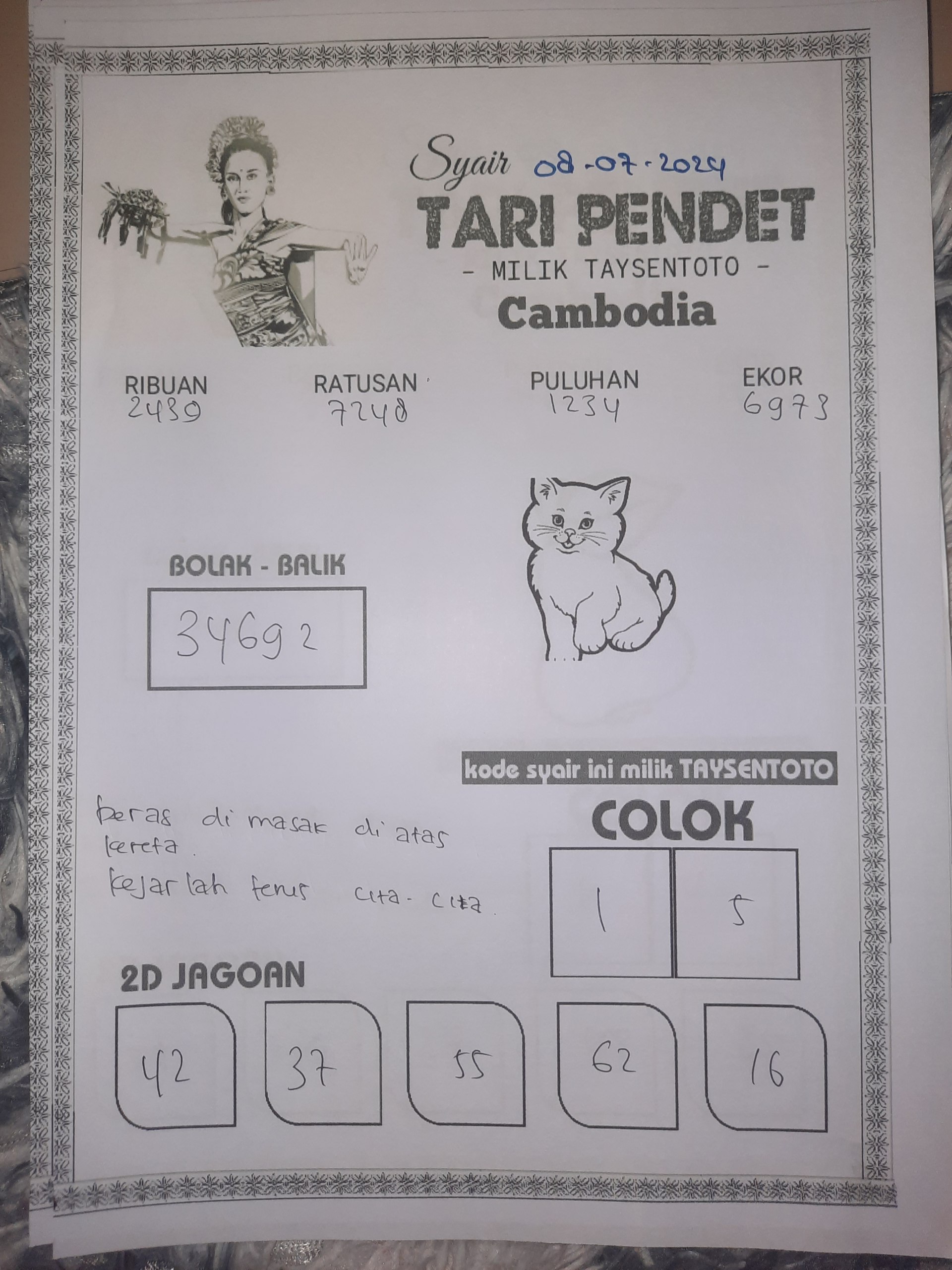 Syair Tari Pendet Cambodia Hari ini 08 Juli 2024