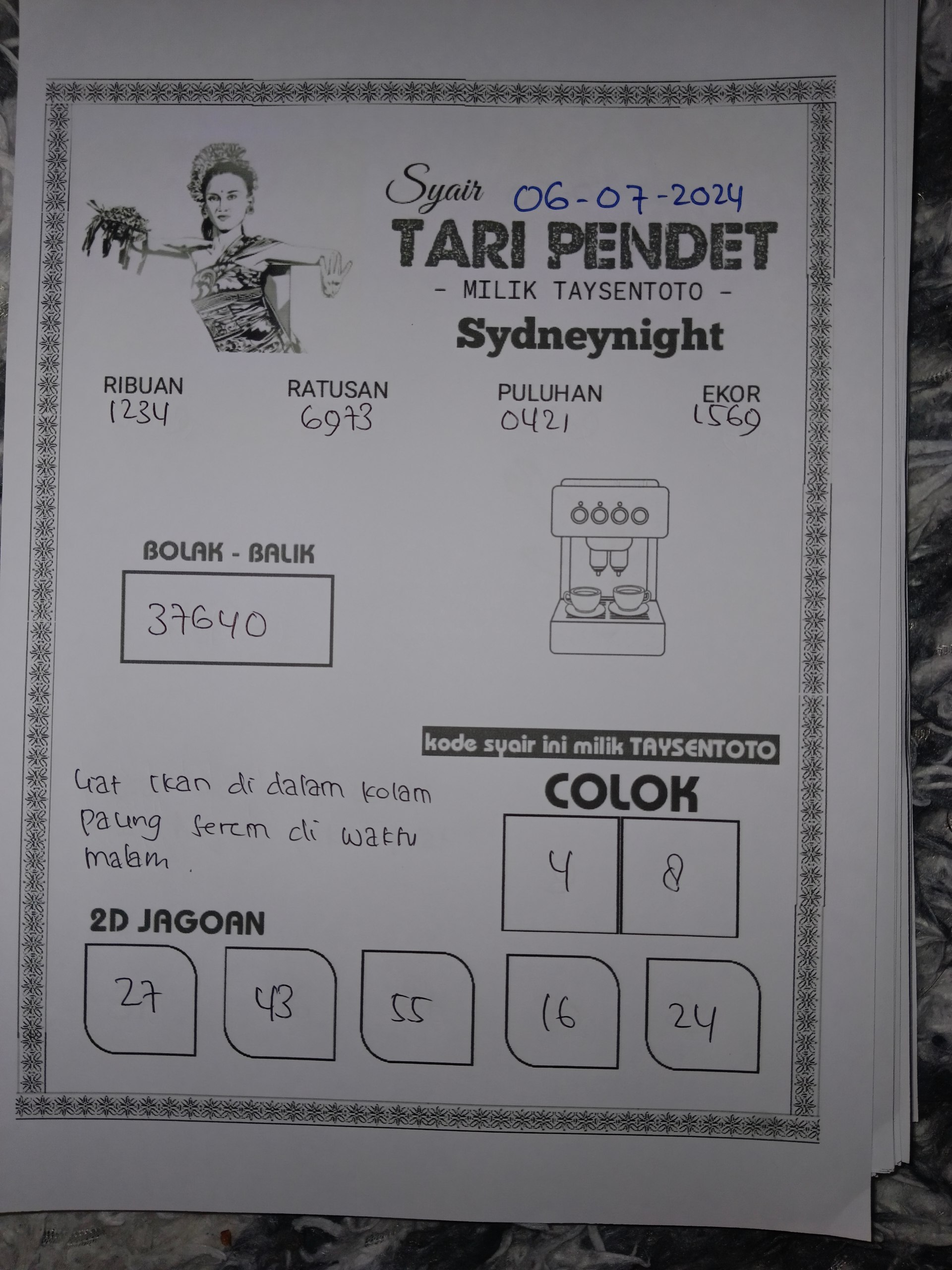 Syair Tari Pendet SydneyNight Hari ini 06 Juli 2024