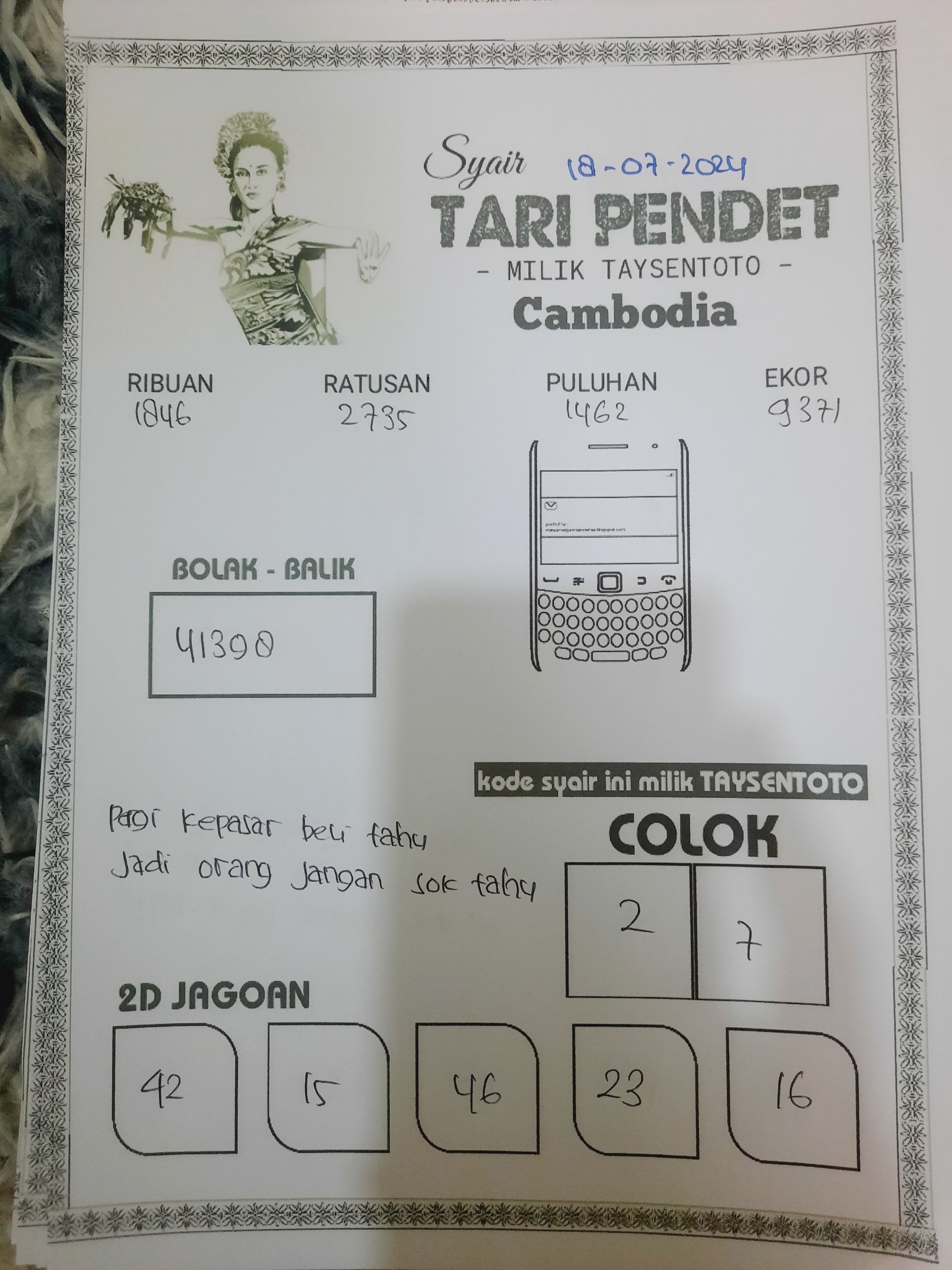 Syair Tari Pendet Cambodia Hari ini 18 Juli 2024