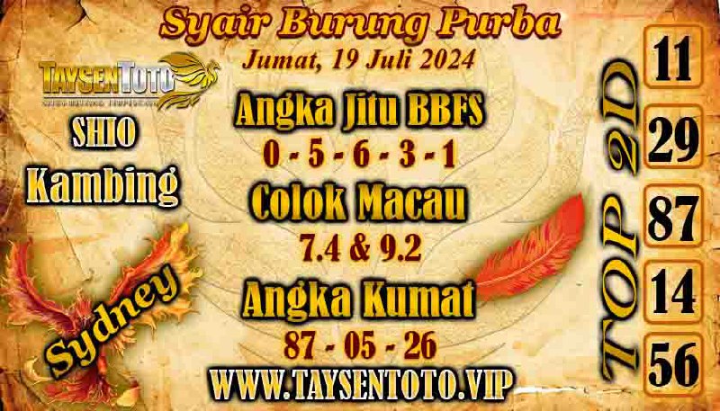 Syair Burung Purba Sydney Hari ini Jumat 19 Juli 2024