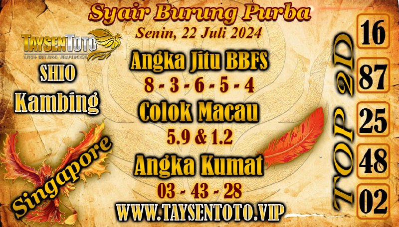 Syair Burung Purba SGP Hari ini Senin 22 Juli 2024