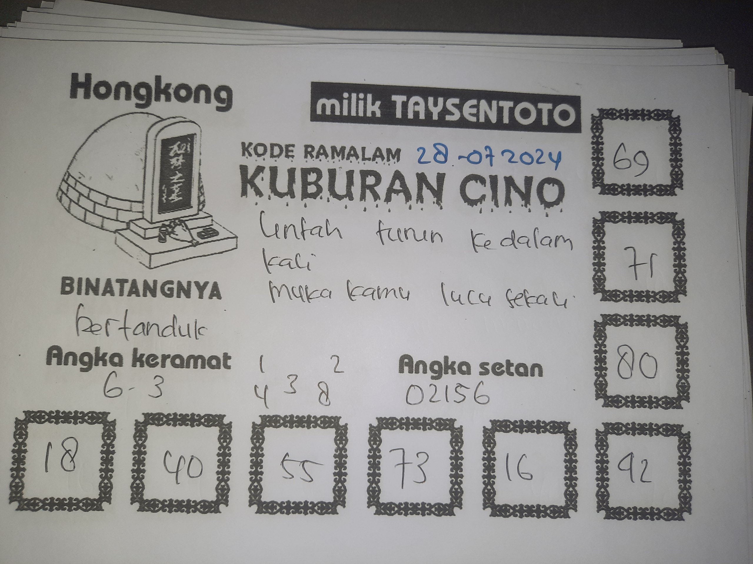 Syair Kuburan Cino HK Hari Ini Minggu 28 Juli 2024