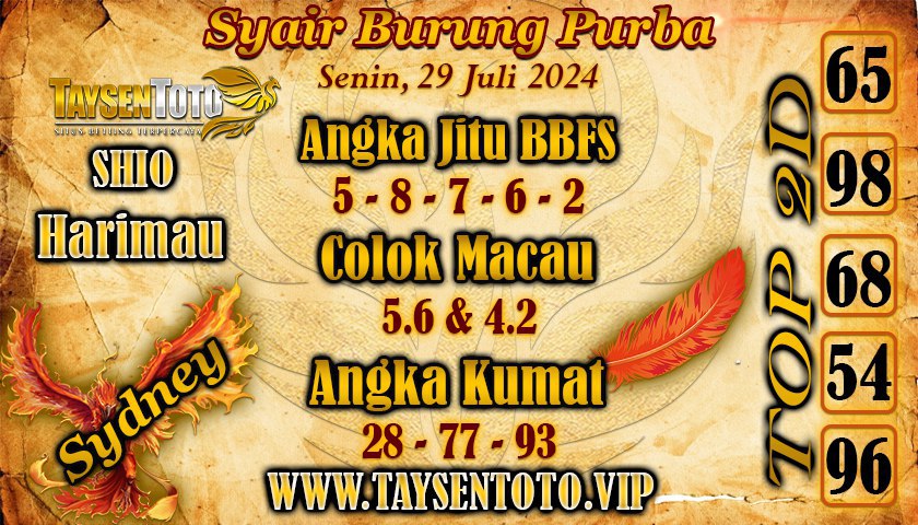 Syair Burung Purba Sydney Hari ini Minggu 29 Juli 2024