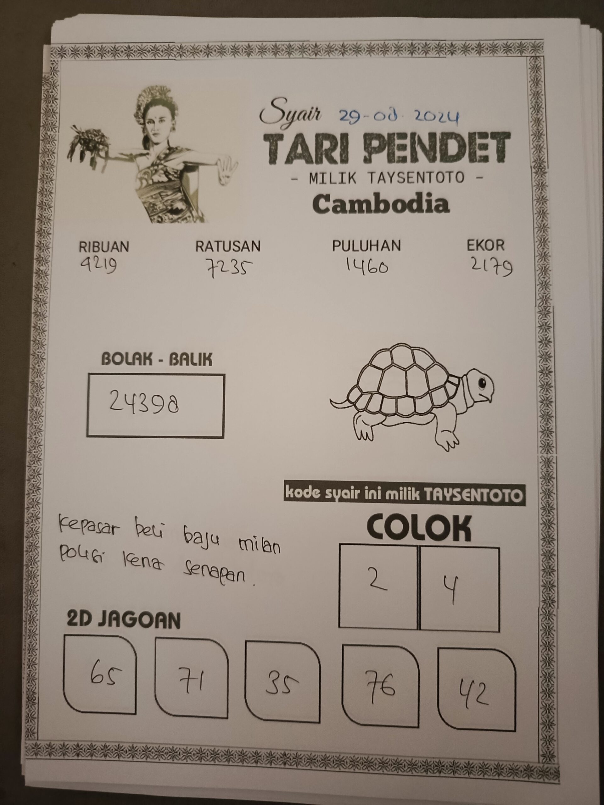 Syair Tari Pendet Cambodia Hari Ini kamis 29 Agustus 2024