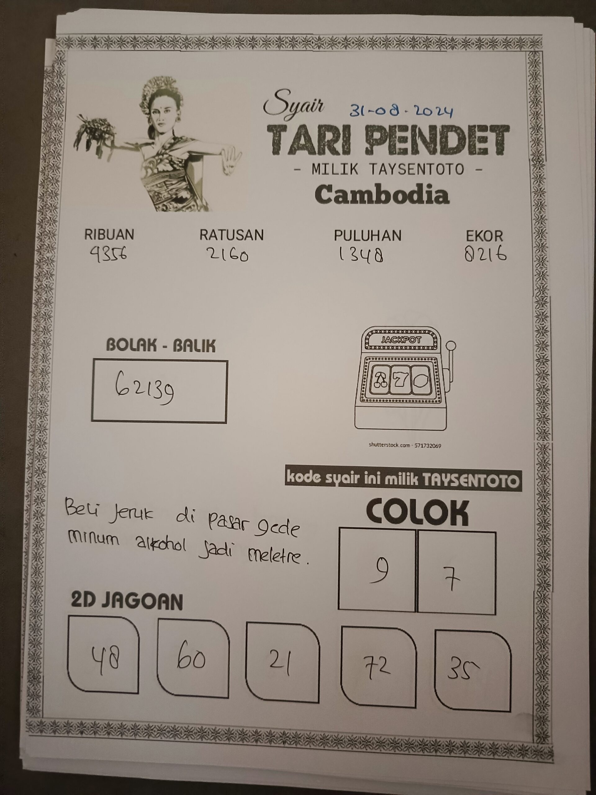 Syair Tari Pendet Cambodia Hari Ini Sabtu 31 Agustus 2024