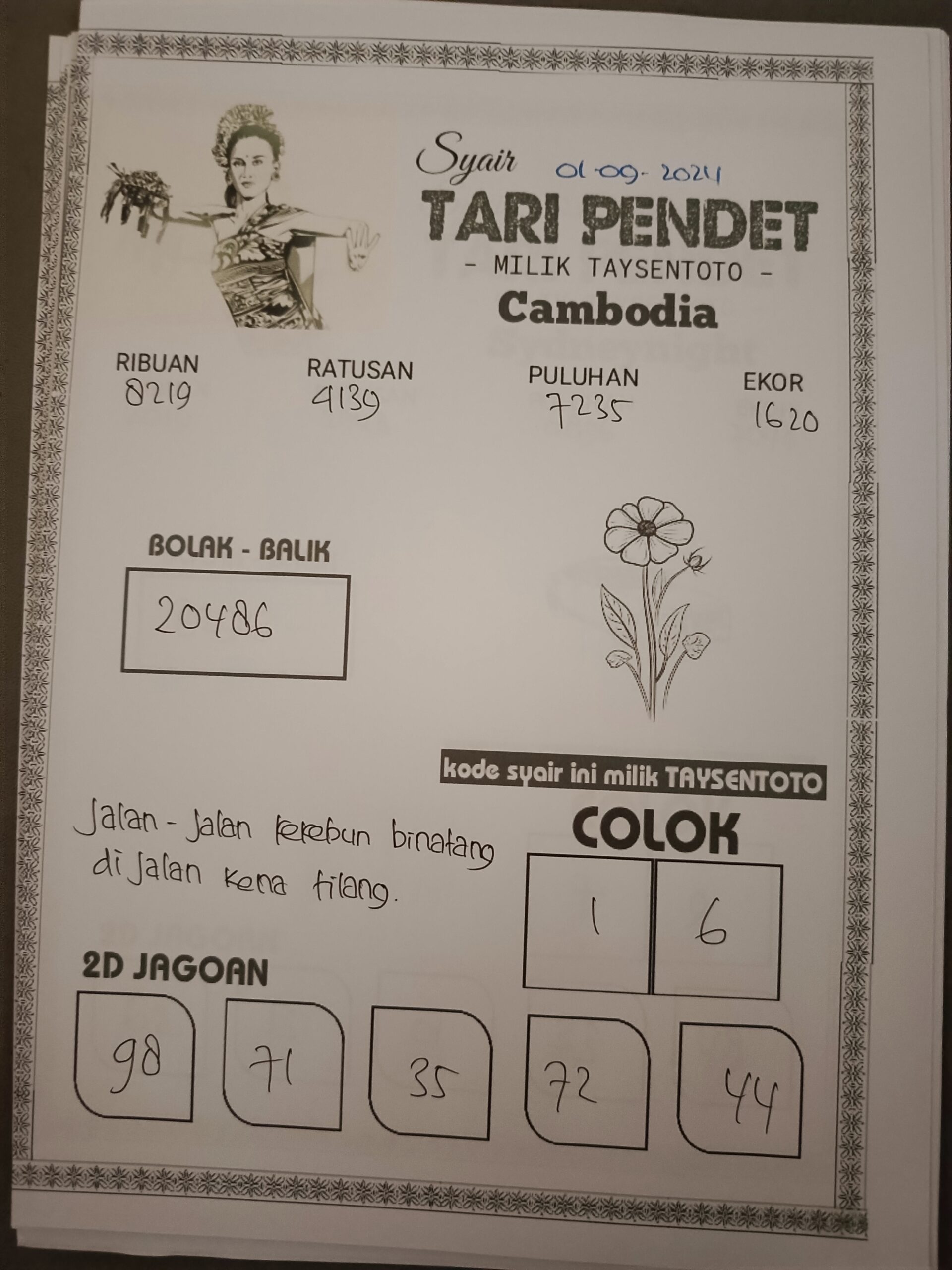 Syair Tari Pendet Cambodia Hari Ini Minggu 01 September Agustus 2024