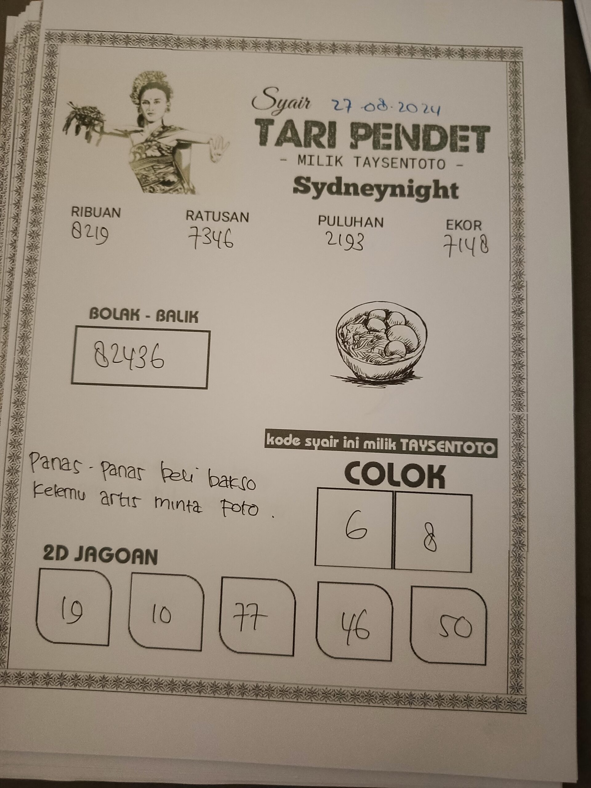 Syair Tari Pendet SydneyNight Hari ini Selasa 27  Agustus 2024