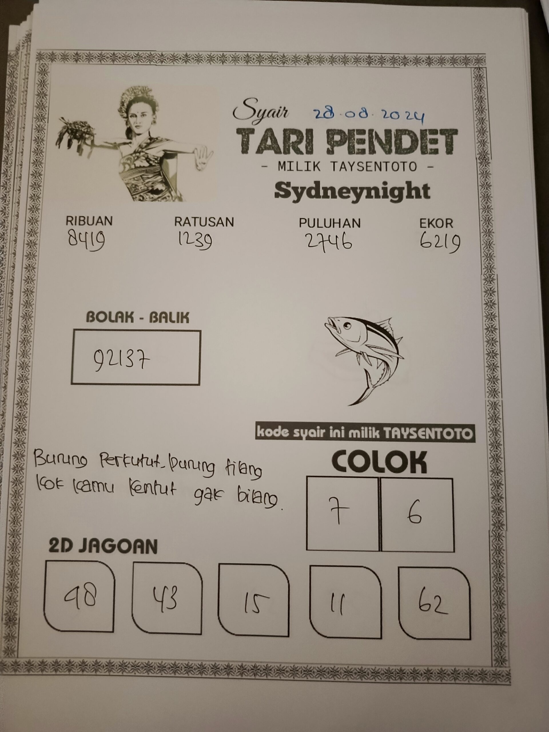 Syair Tari Pendet SydneyNight Hari ini Rabu 28 Agustus 2024