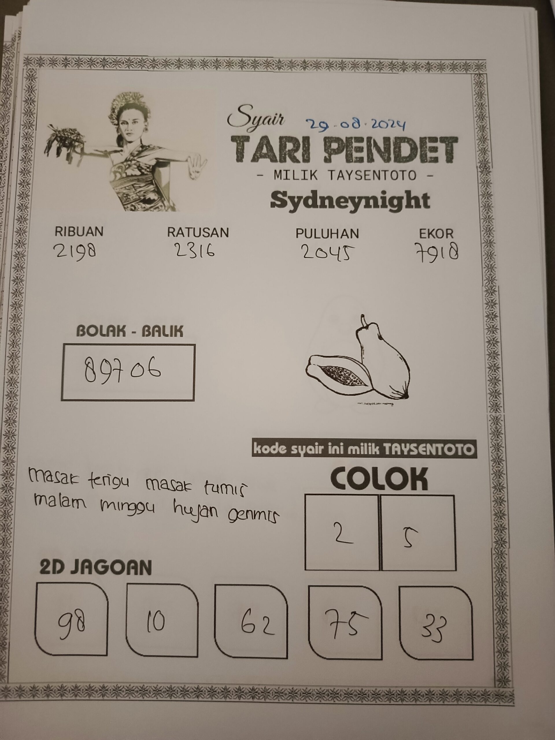 Syair Tari Pendet SydneyNight Hari ini Kamis 29 Agustus 2024