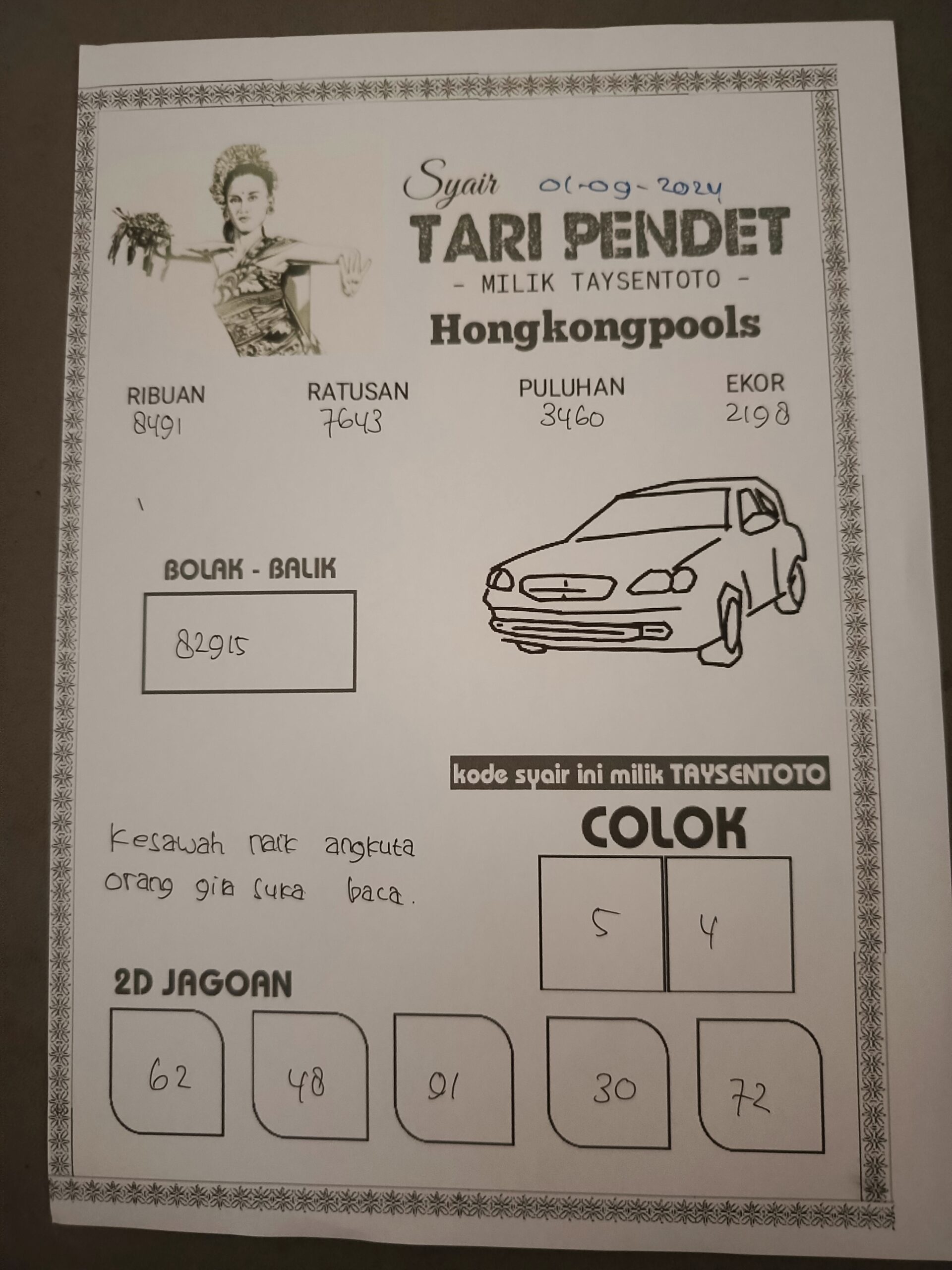 Syair Tari Pendet HK Hari Ini Minggu 01 sEptember 2024