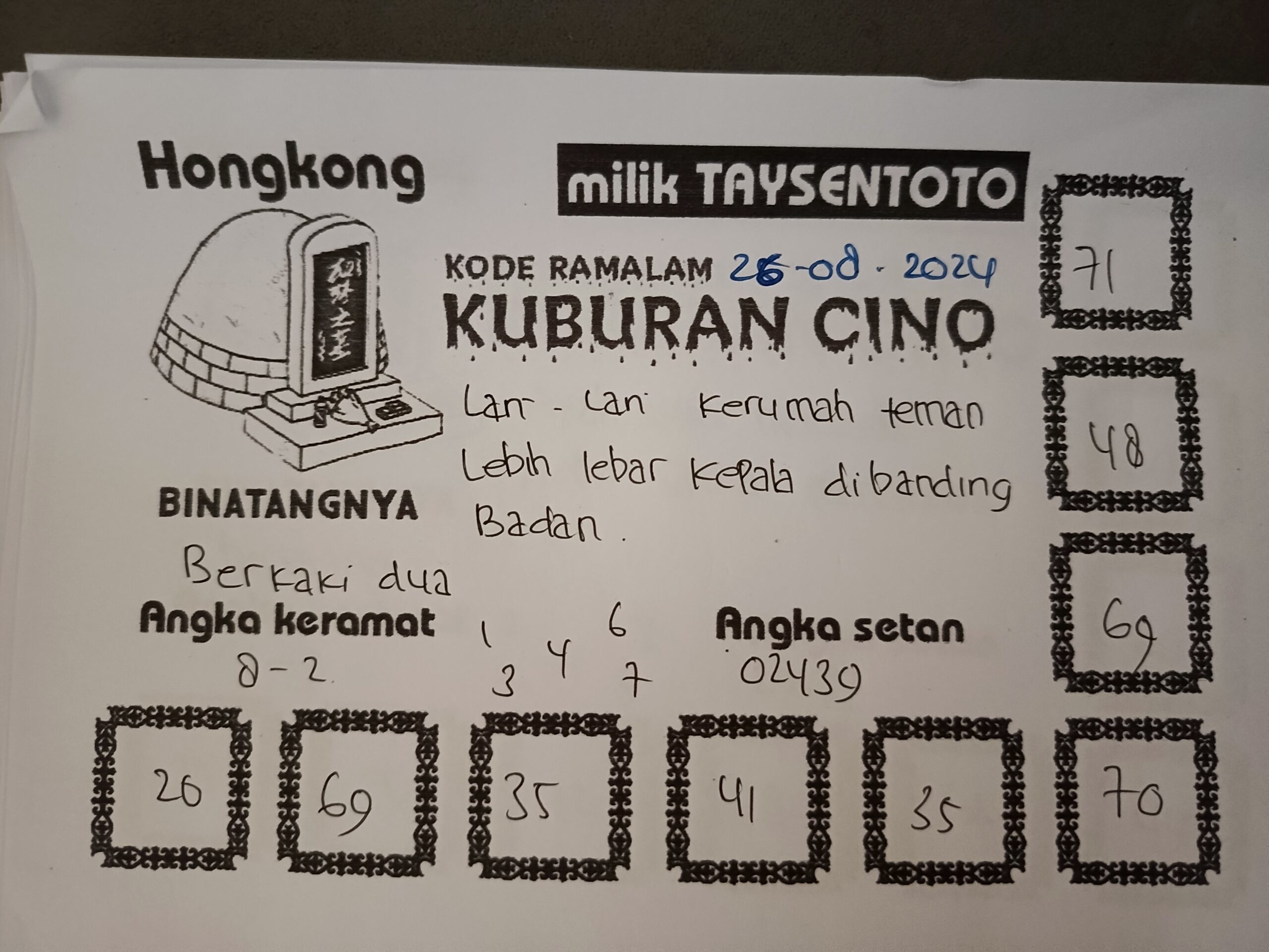 Syair Kuburan Cino HK Hari Ini Senin 26 Agustus 2024