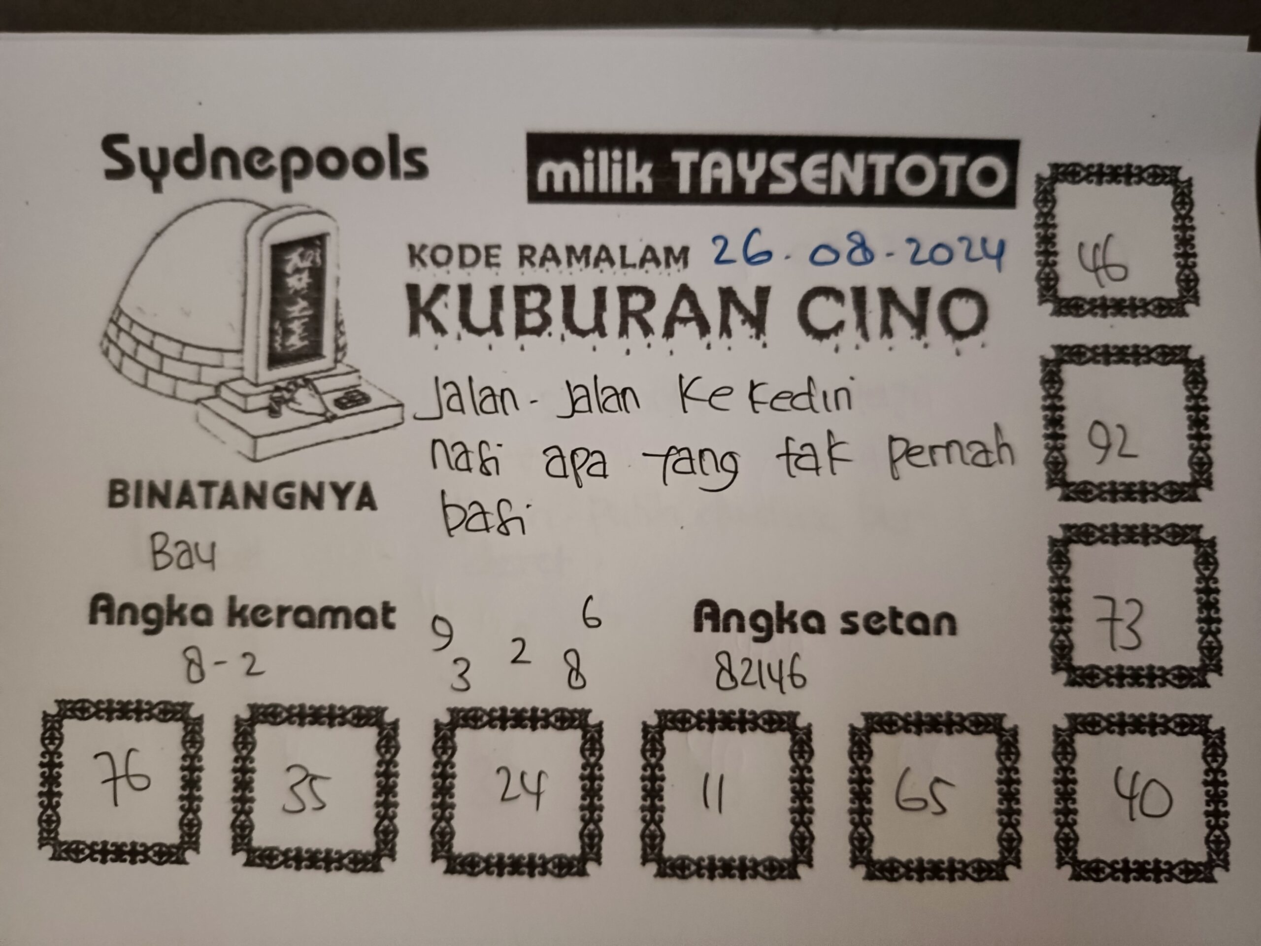 Syair Kuburan Cino Sydney Hari ini Senin 26 Agustus 2024