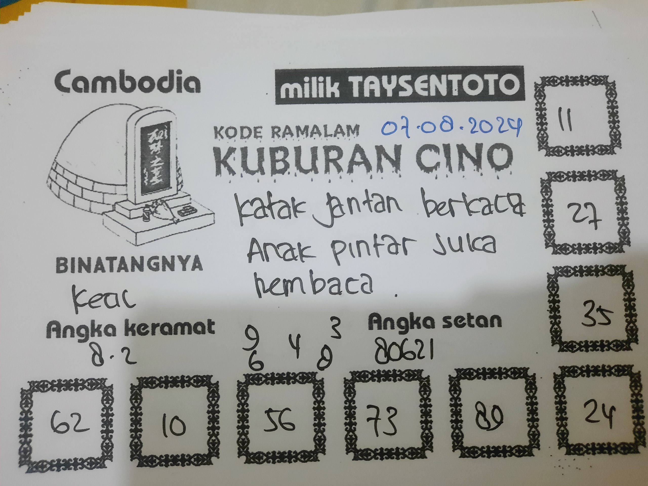 Syair Kuburan Cino Cambodia Hari Ini 07 Agustus 2024