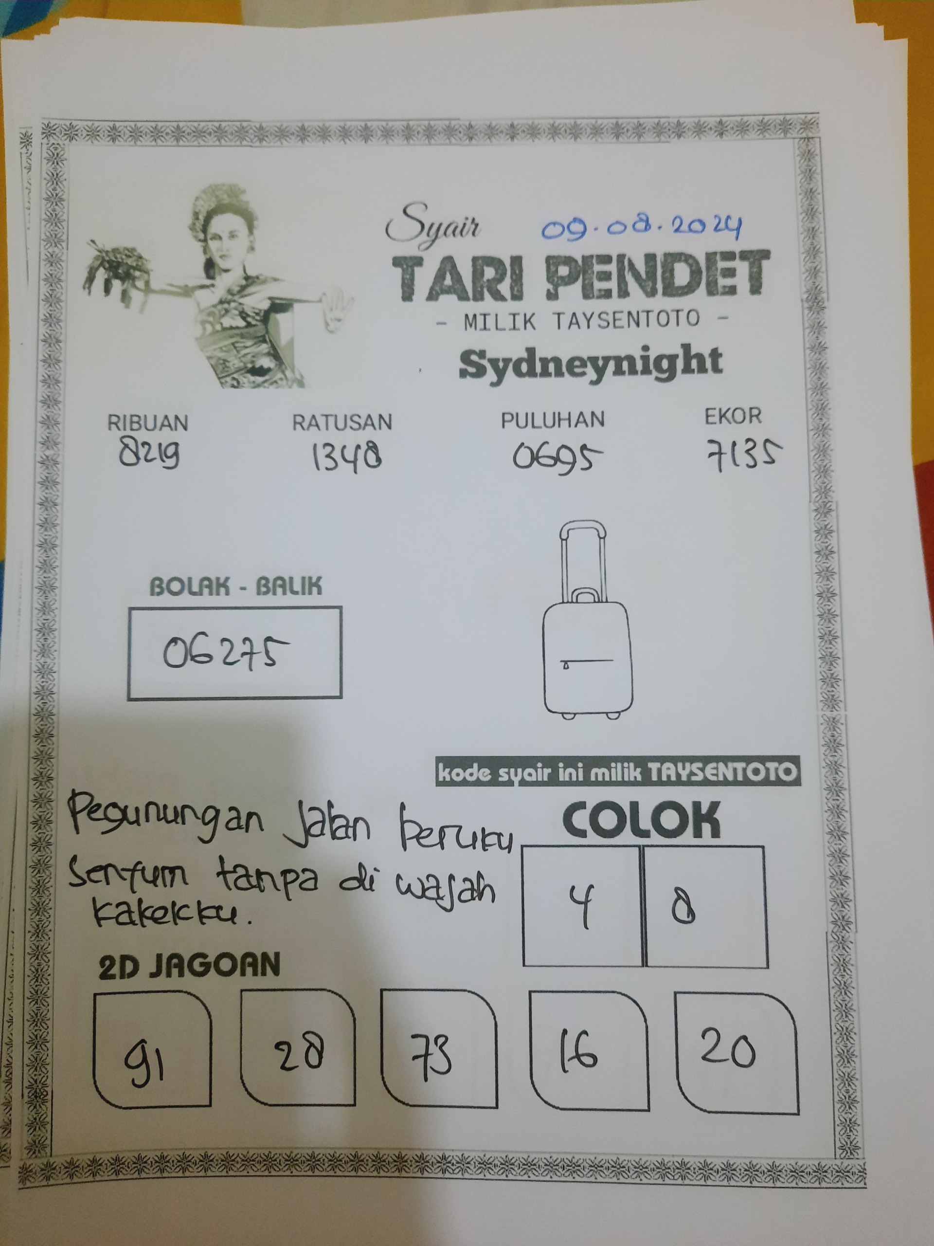 Syair Tari Pendet SydneyNight Hari ini 09 Agustus 2024