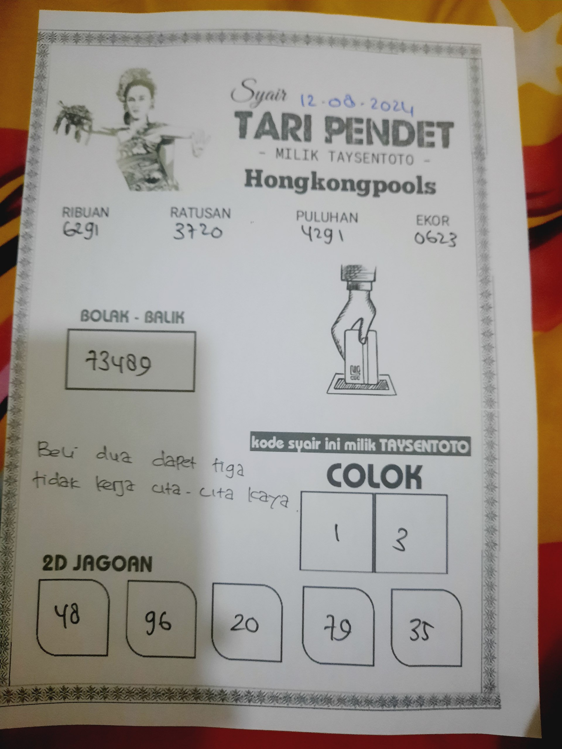 Syair Tari Pendet HK Hari Ini 12 Agustus 2024