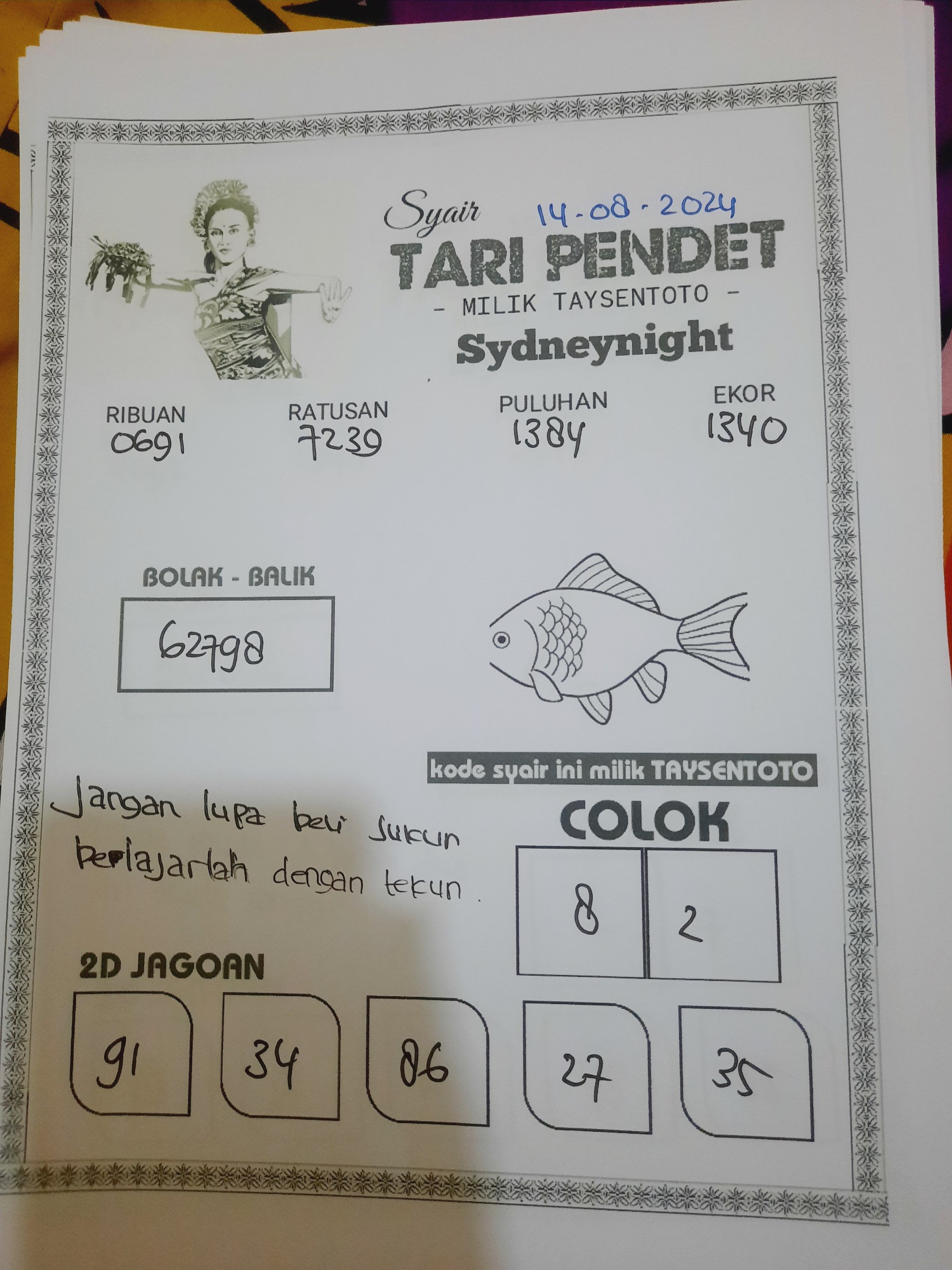 Syair Tari Pendet SydneyNight Hari ini 14 Agustus 2024