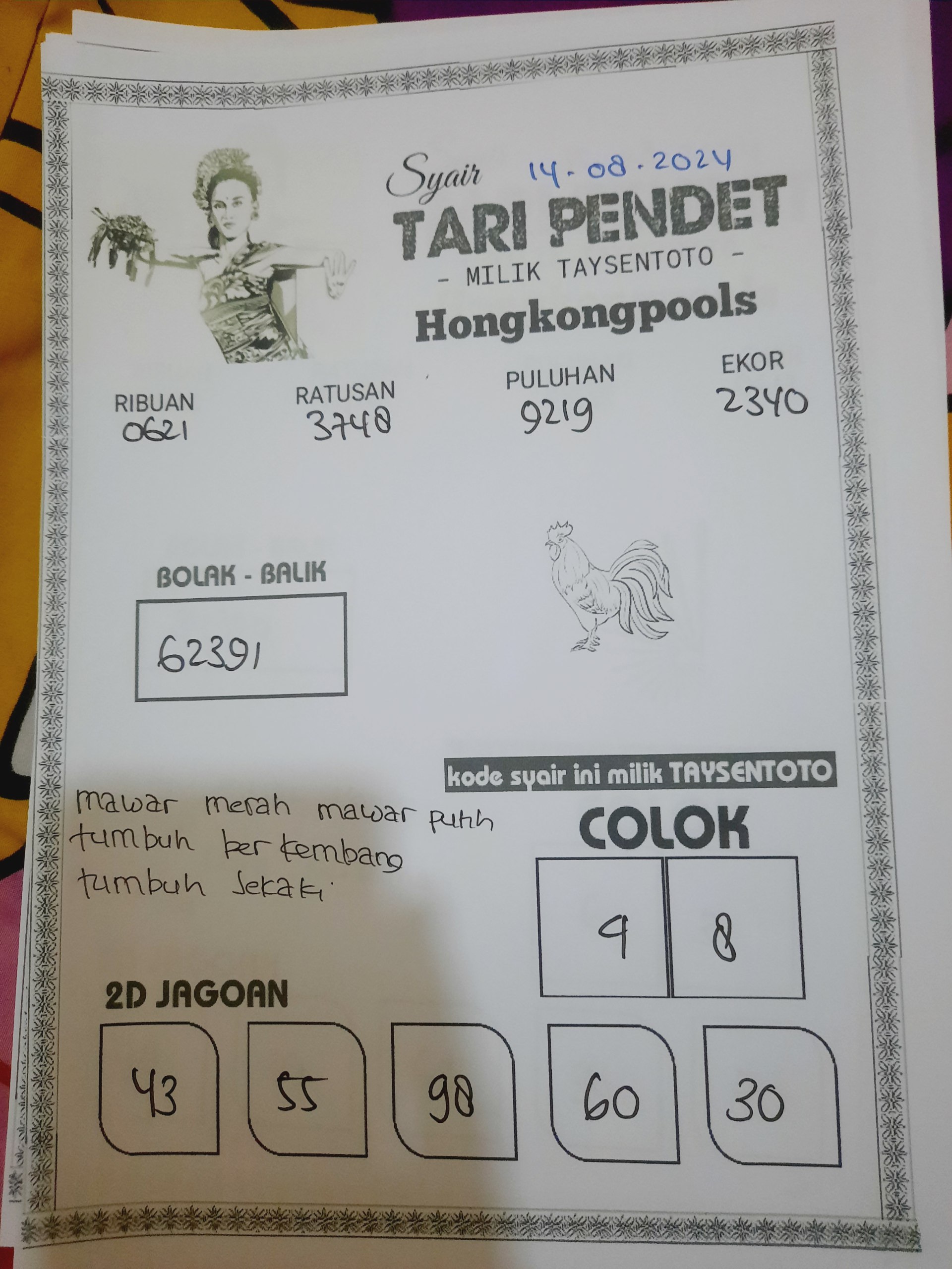 Syair Tari Pendet HK Hari Ini 14 Agustus 2024