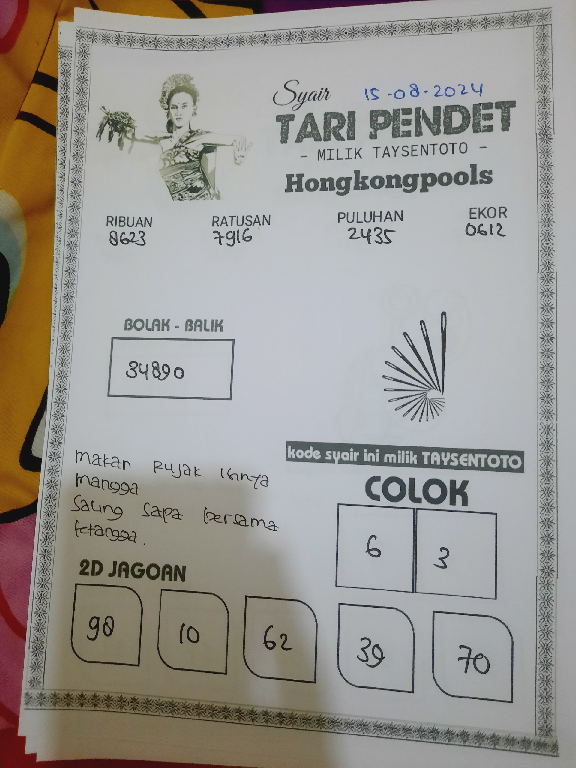 Syair Tari Pendet HK Hari Ini 15 Agustus 2024