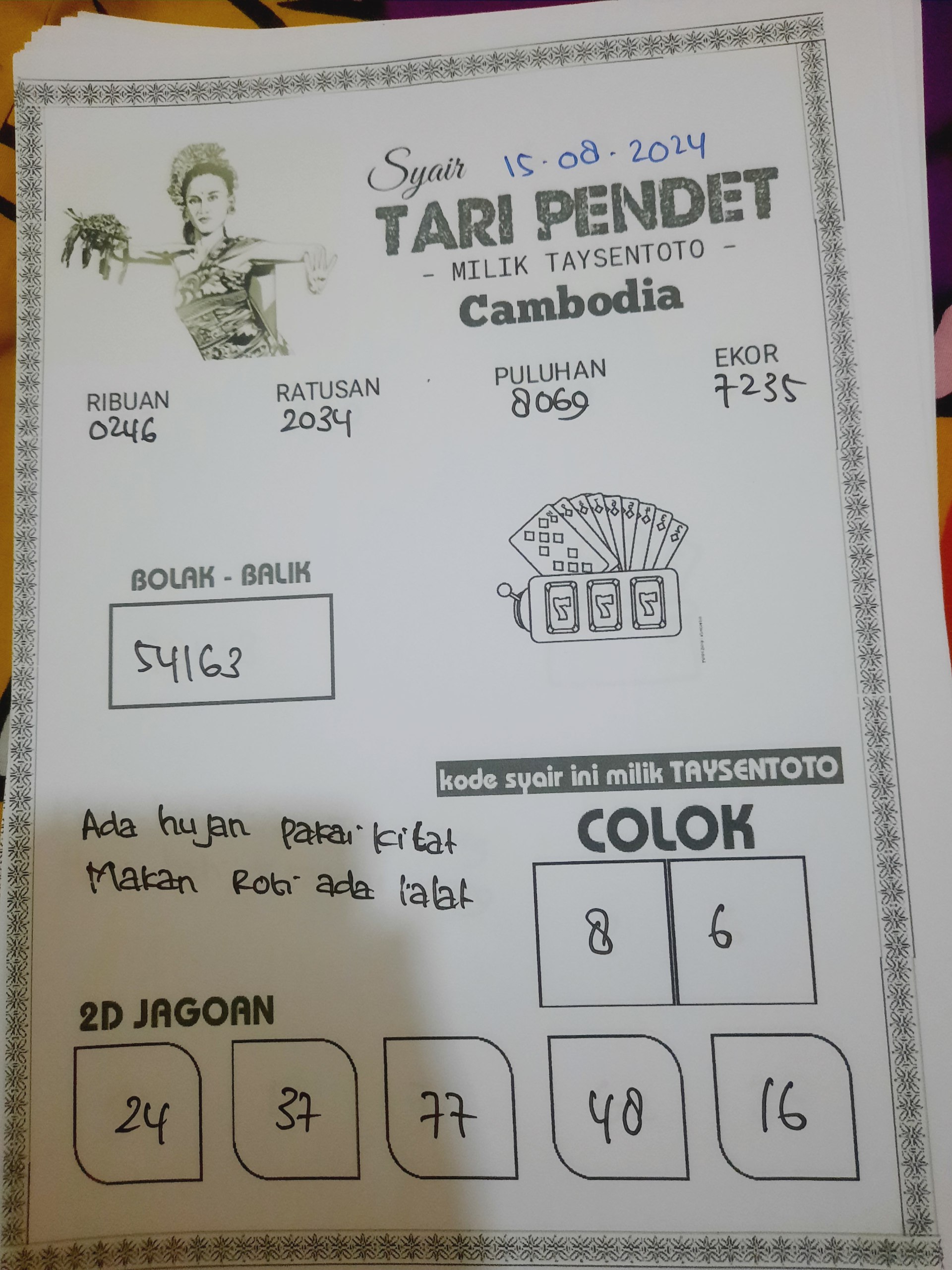 Syair Tari Pendet Cambodia Hari Ini 15 Agustus 2024