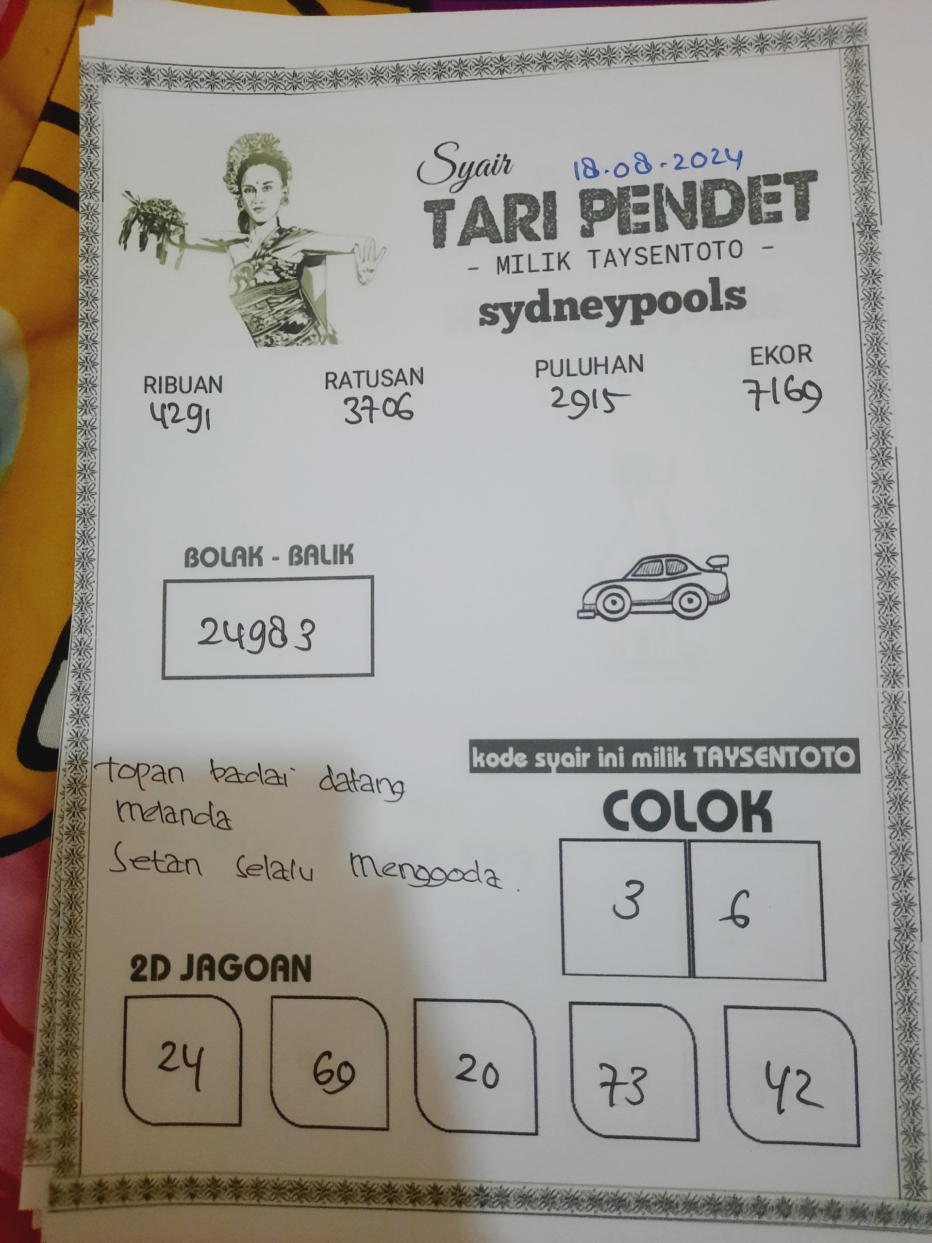 Syair Tari Pendet Sydney Hari ini  18 Agustus 2024